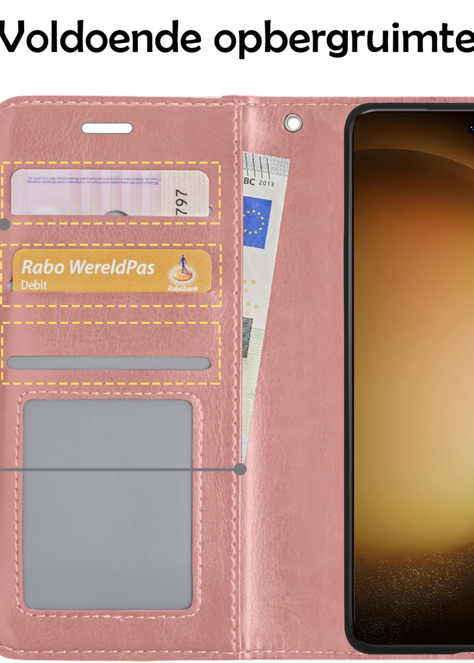 LUQ Hoesje Geschikt voor Samsung S23 Hoesje Book Case Hoes Wallet Cover Met 2x Screenprotector - Hoes Geschikt voor Samsung Galaxy S23 Hoesje Bookcase Hoes - Rosé goud