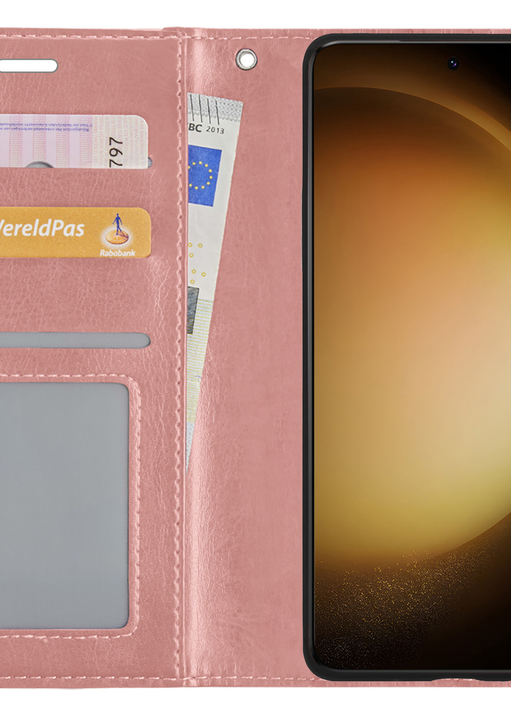 LUQ Hoesje Geschikt voor Samsung S23 Hoesje Book Case Hoes Wallet Cover Met 2x Screenprotector - Hoes Geschikt voor Samsung Galaxy S23 Hoesje Bookcase Hoes - Rosé goud