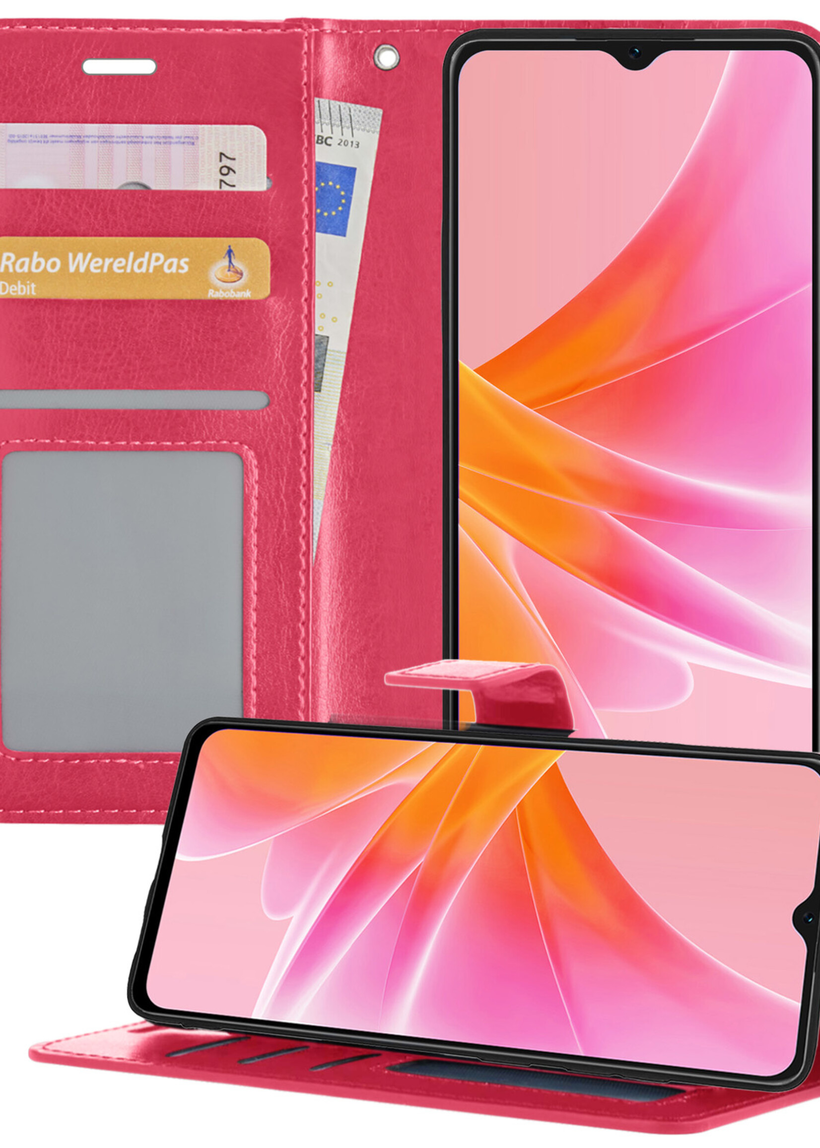 LUQ Hoesje Geschikt voor OPPO A57 Hoesje Book Case Hoes Wallet Cover - Hoes Geschikt voor OPPO A57 Hoesje Bookcase Hoes - Donkerroze