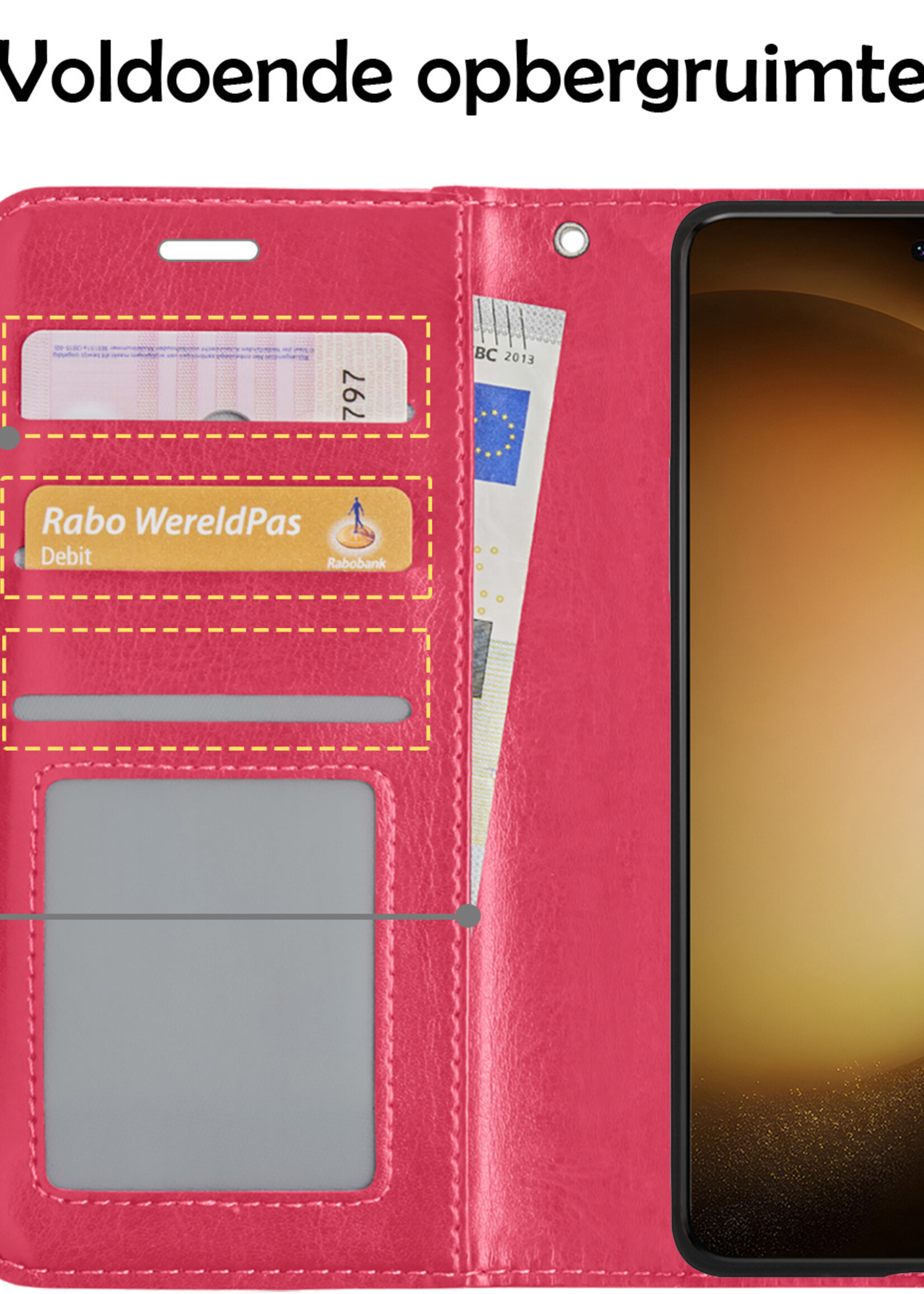 LUQ Hoesje Geschikt voor Samsung S23 Plus Hoesje Book Case Hoes Wallet Cover Met Screenprotector - Hoes Geschikt voor Samsung Galaxy S23 Plus Hoesje Bookcase Hoes - Donkerroze