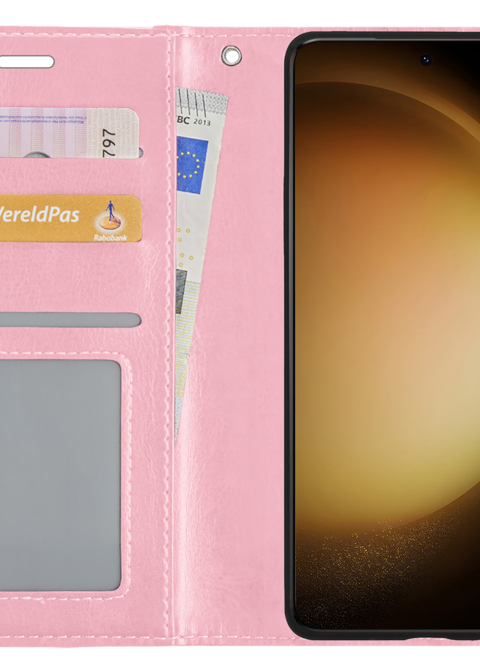 LUQ Hoesje Geschikt voor Samsung S23 Ultra Hoesje Book Case Hoes Wallet Cover Met 2x Screenprotector - Hoes Geschikt voor Samsung Galaxy S23 Ultra Hoesje Bookcase Hoes - Lichtroze