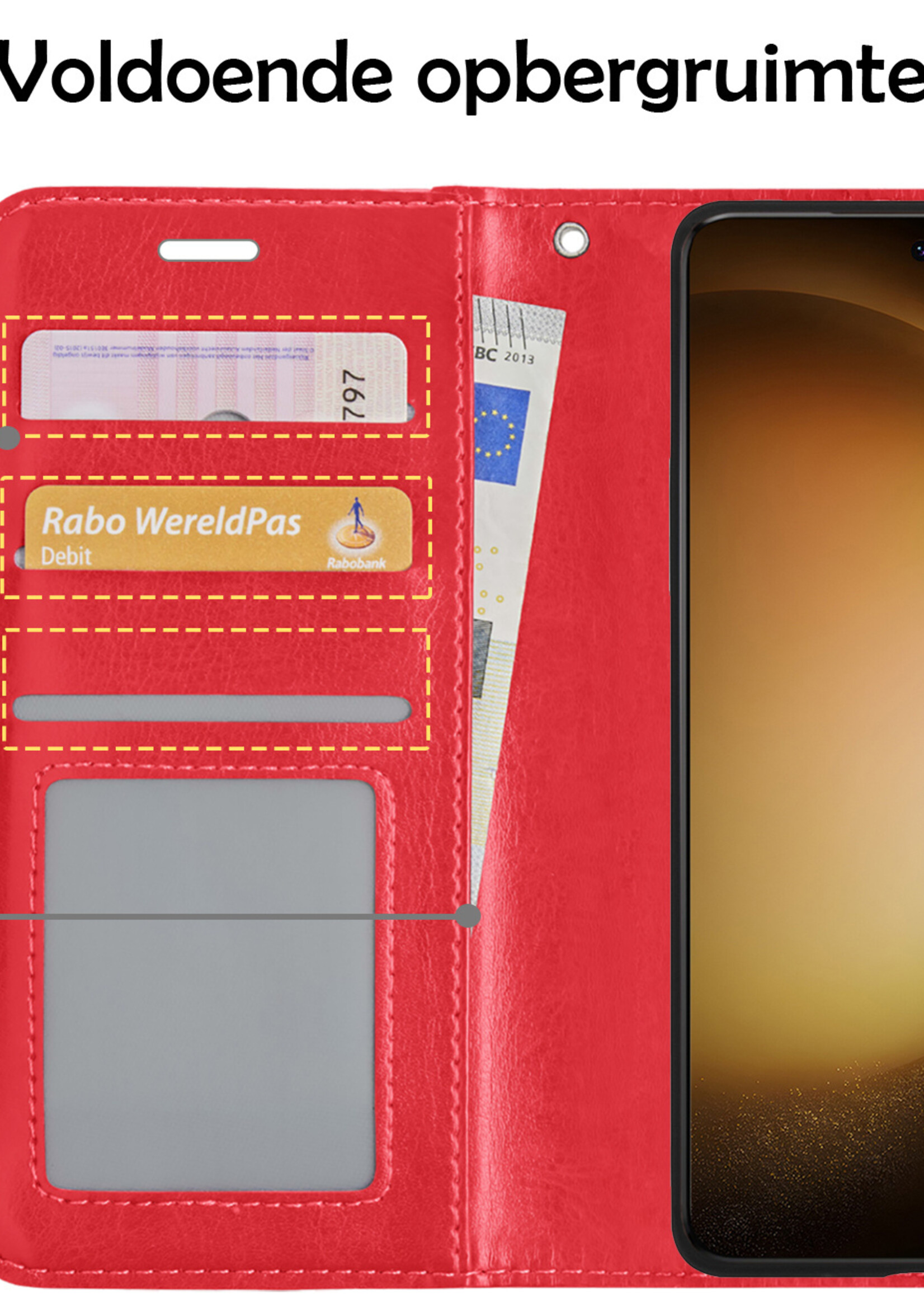 LUQ Hoesje Geschikt voor Samsung S23 Ultra Hoesje Book Case Hoes Wallet Cover Met 2x Screenprotector - Hoes Geschikt voor Samsung Galaxy S23 Ultra Hoesje Bookcase Hoes - Rood