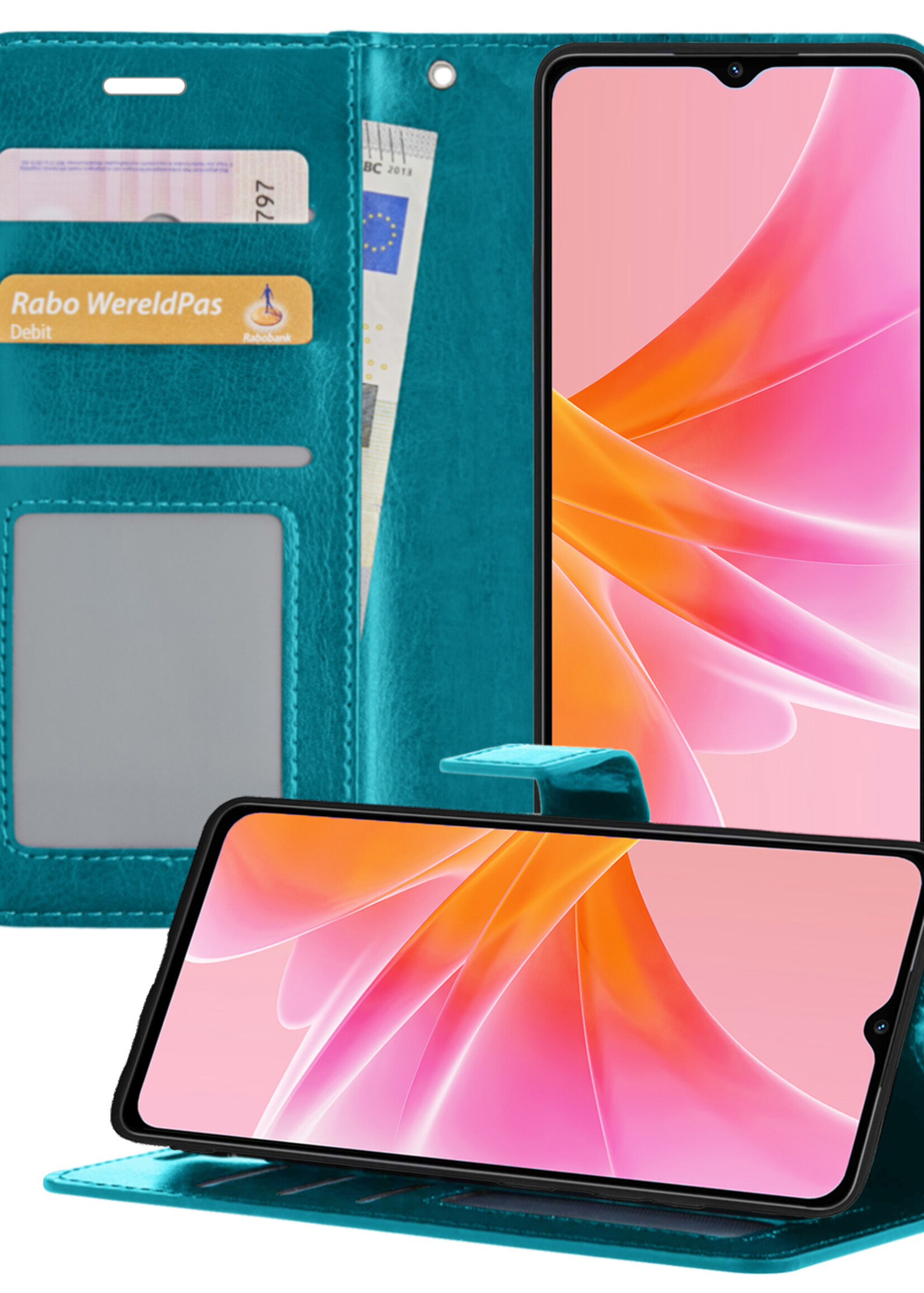 LUQ Hoesje Geschikt voor OPPO A57s Hoesje Book Case Hoes Wallet Cover - Hoes Geschikt voor OPPO A57s Hoesje Bookcase Hoes - Turquoise