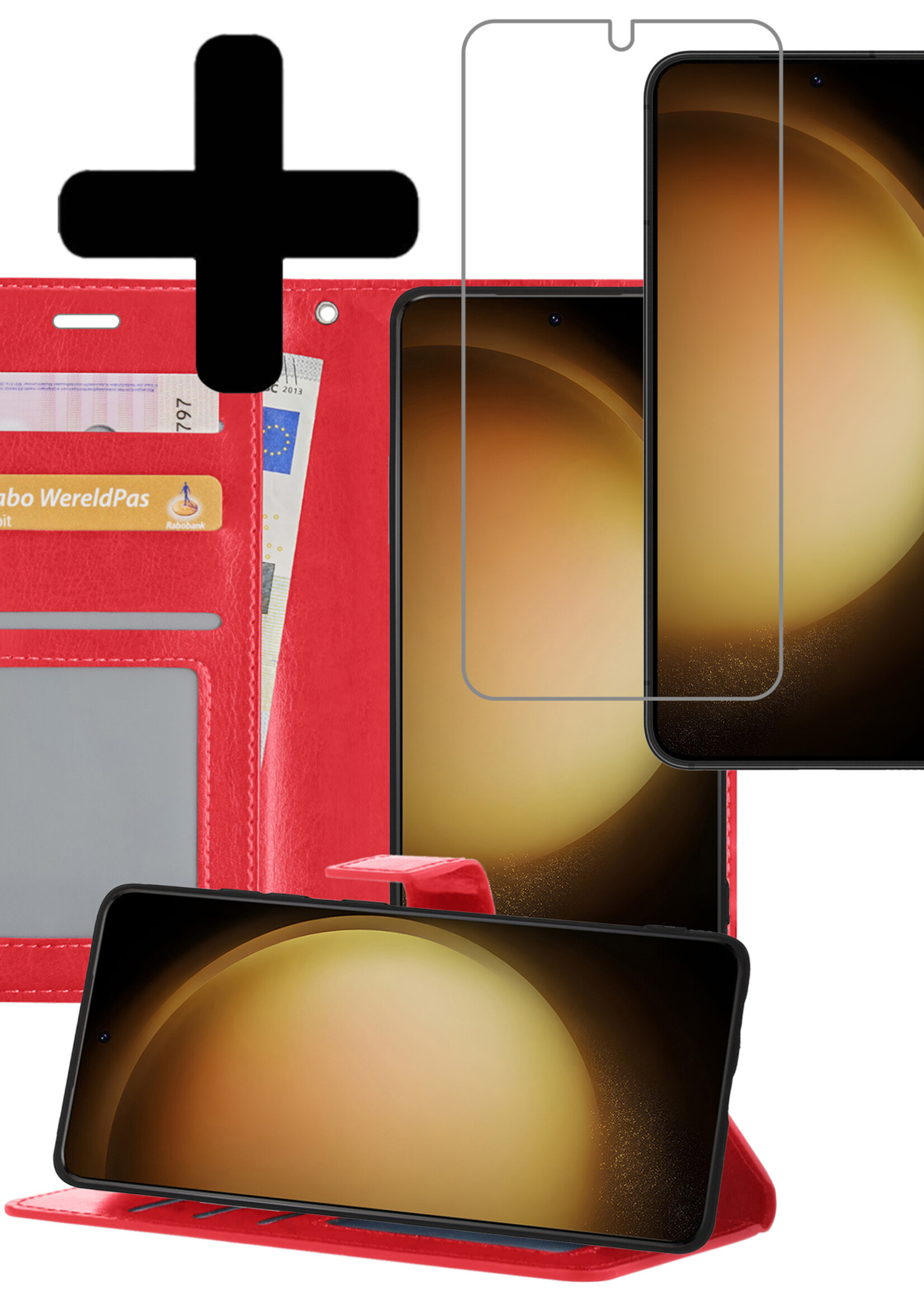 LUQ Hoesje Geschikt voor Samsung S23 Hoesje Book Case Hoes Wallet Cover Met Screenprotector - Hoes Geschikt voor Samsung Galaxy S23 Hoesje Bookcase Hoes - Rood