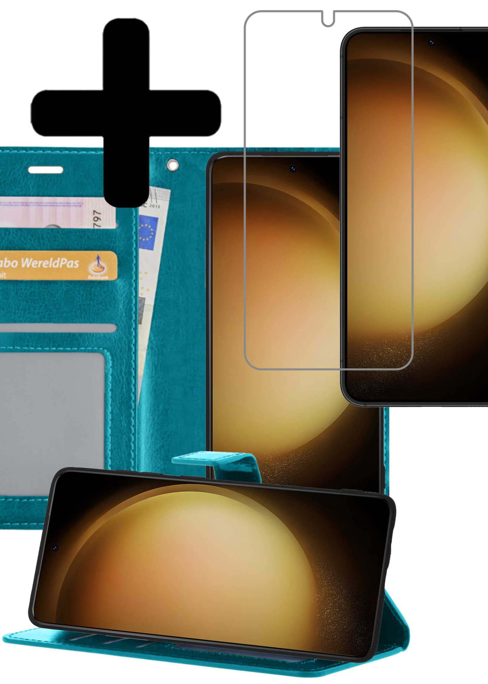 LUQ Hoesje Geschikt voor Samsung S23 Hoesje Book Case Hoes Wallet Cover Met Screenprotector - Hoes Geschikt voor Samsung Galaxy S23 Hoesje Bookcase Hoes - Turquoise