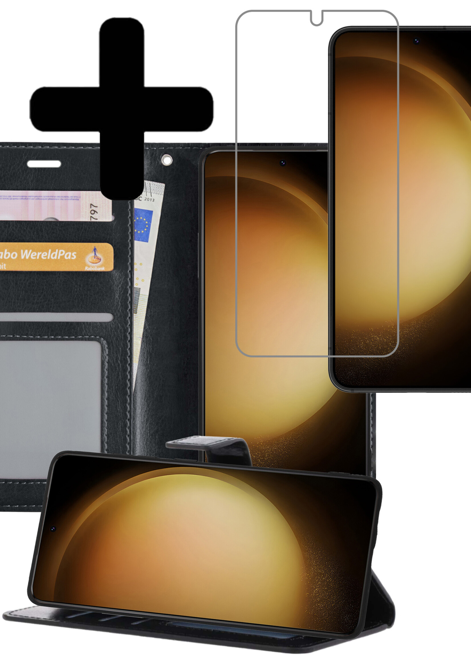 LUQ Hoesje Geschikt voor Samsung S23 Hoesje Book Case Hoes Wallet Cover Met Screenprotector - Hoes Geschikt voor Samsung Galaxy S23 Hoesje Bookcase Hoes - Zwart