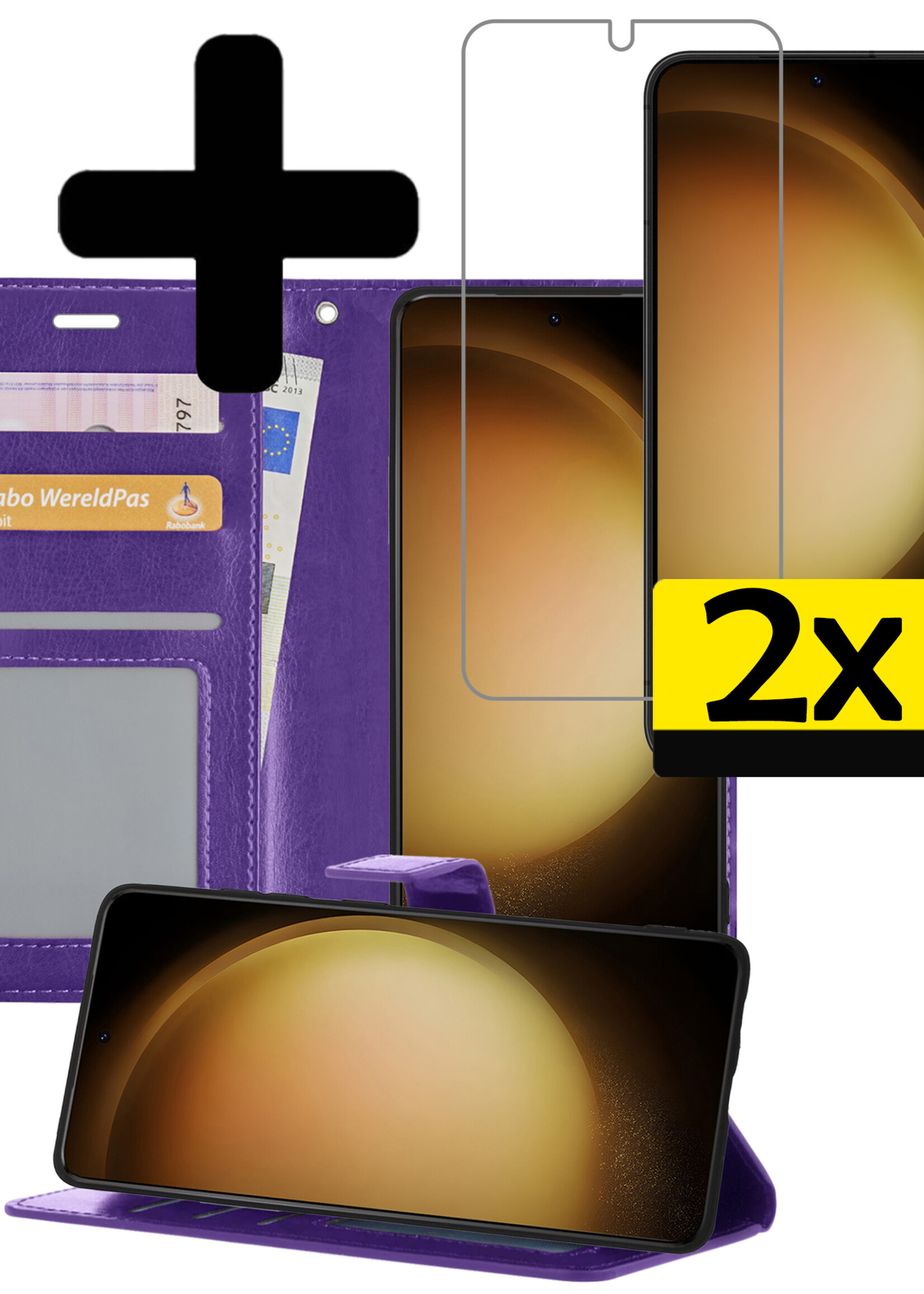 LUQ Hoesje Geschikt voor Samsung S23 Hoesje Book Case Hoes Wallet Cover Met 2x Screenprotector - Hoes Geschikt voor Samsung Galaxy S23 Hoesje Bookcase Hoes - Paars