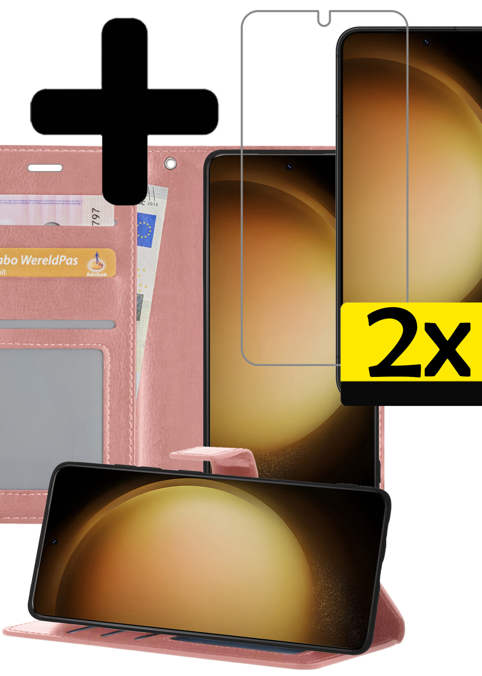 LUQ Hoesje Geschikt voor Samsung S23 Hoesje Book Case Hoes Wallet Cover Met 2x Screenprotector - Hoes Geschikt voor Samsung Galaxy S23 Hoesje Bookcase Hoes - Rosé goud