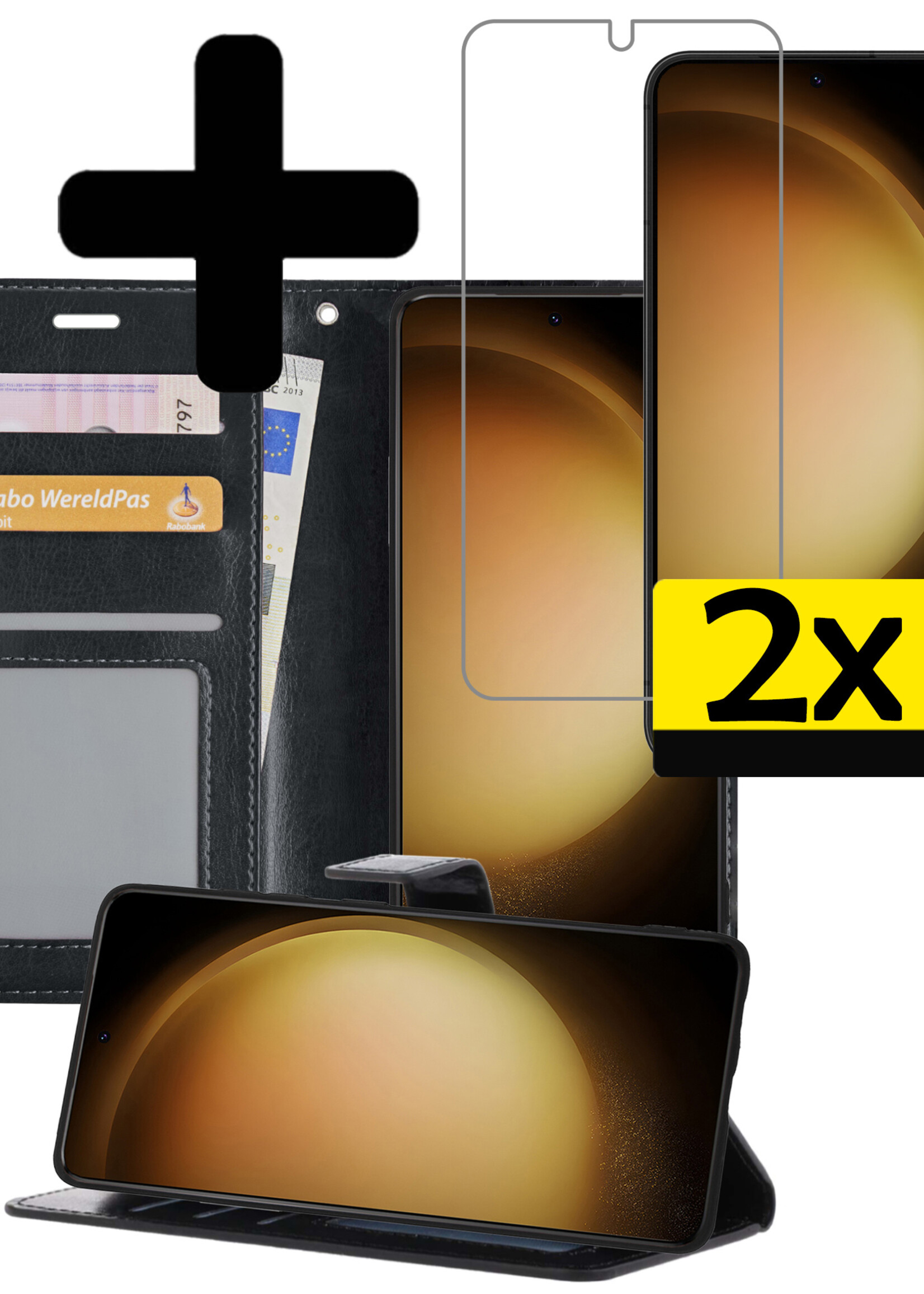 LUQ Hoesje Geschikt voor Samsung S23 Hoesje Book Case Hoes Wallet Cover Met 2x Screenprotector - Hoes Geschikt voor Samsung Galaxy S23 Hoesje Bookcase Hoes - Zwart