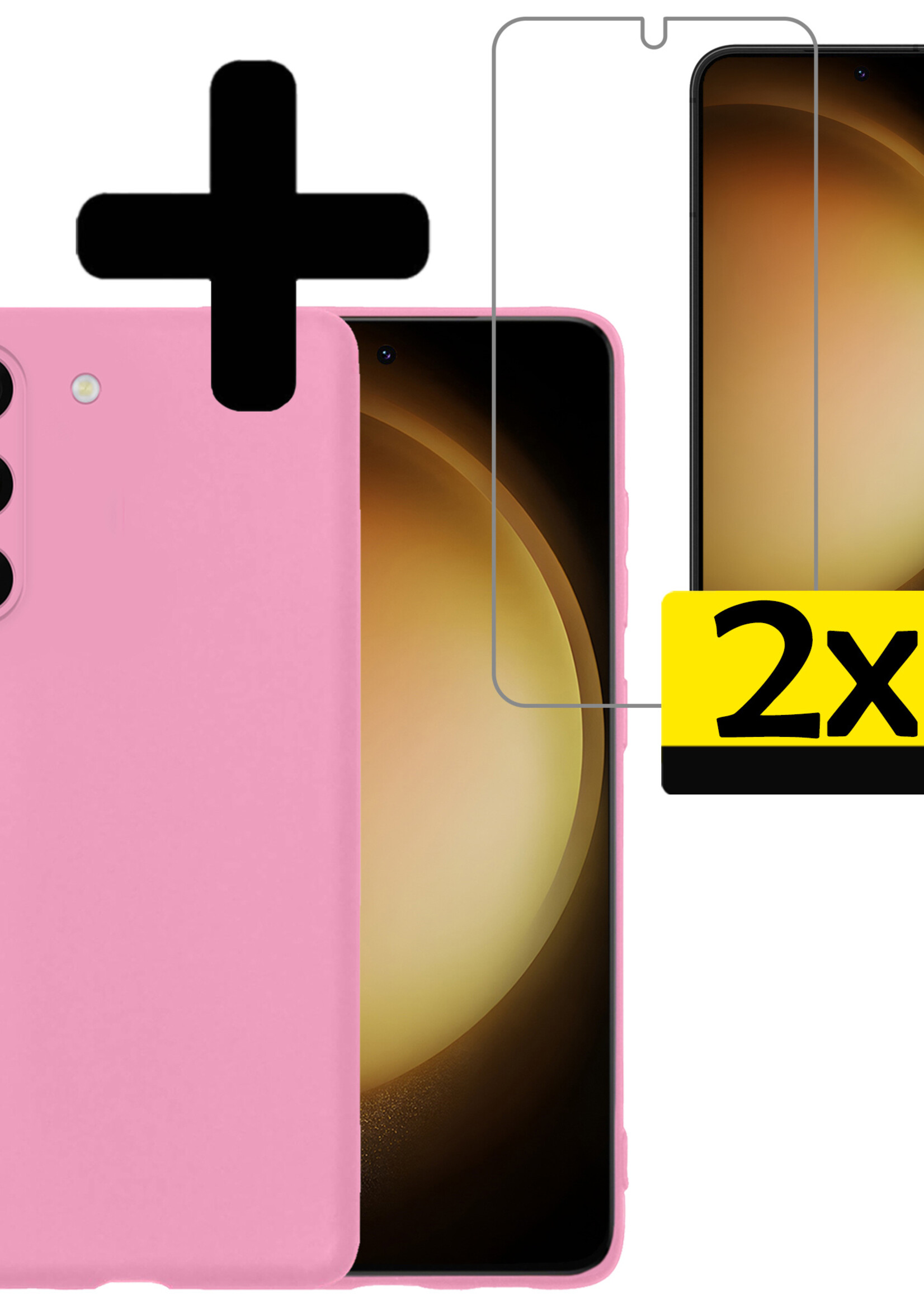 LUQ Hoesje Geschikt voor Samsung S23 Hoesje Siliconen Case Met 2x Screenprotector - Hoes Geschikt voor Samsung Galaxy S23 Hoes Siliconen - Lichtroze