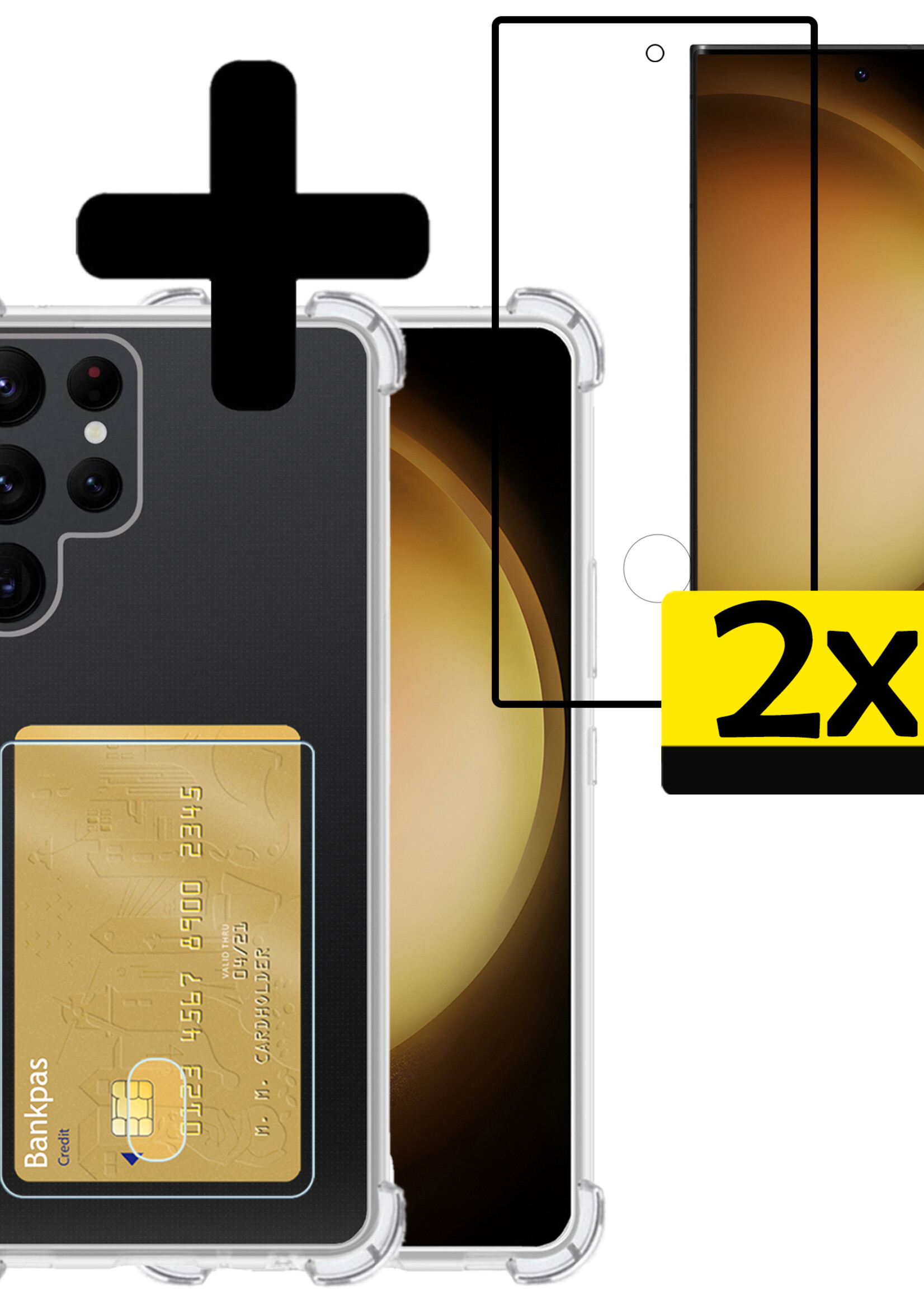 LUQ Hoesje Geschikt voor Samsung S23 Ultra Hoesje Case Pashouder Cover Siliconen Met 2x Screenprotector - Hoes Geschikt voor Samsung Galaxy S23 Ultra Hoesje Met Kaarthouder- Transparant