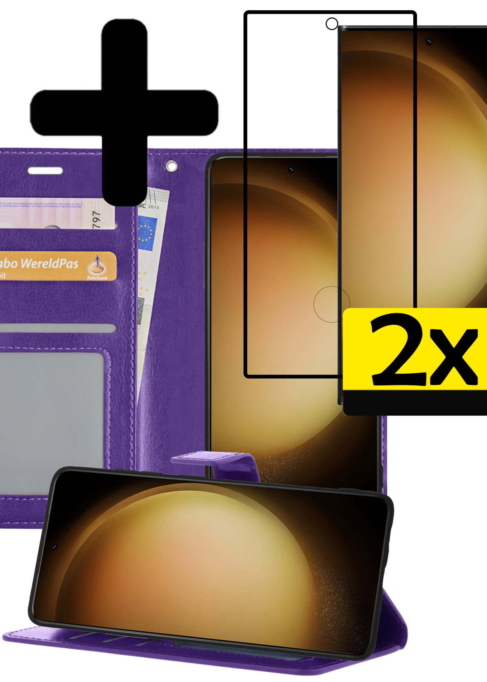 LUQ Hoesje Geschikt voor Samsung S23 Ultra Hoesje Book Case Hoes Wallet Cover Met 2x Screenprotector - Hoes Geschikt voor Samsung Galaxy S23 Ultra Hoesje Bookcase Hoes - Paars