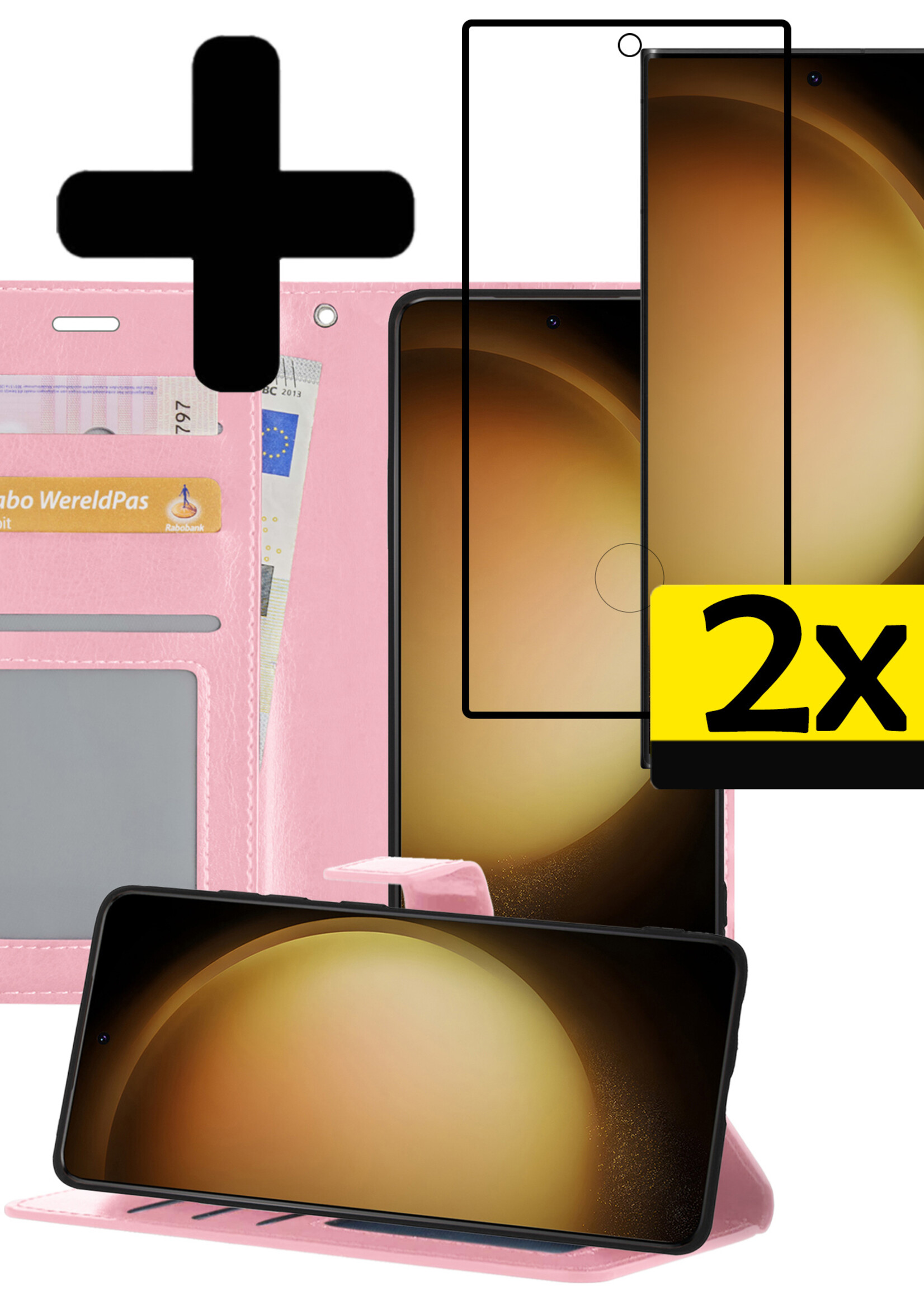 LUQ Hoesje Geschikt voor Samsung S23 Ultra Hoesje Book Case Hoes Wallet Cover Met 2x Screenprotector - Hoes Geschikt voor Samsung Galaxy S23 Ultra Hoesje Bookcase Hoes - Lichtroze