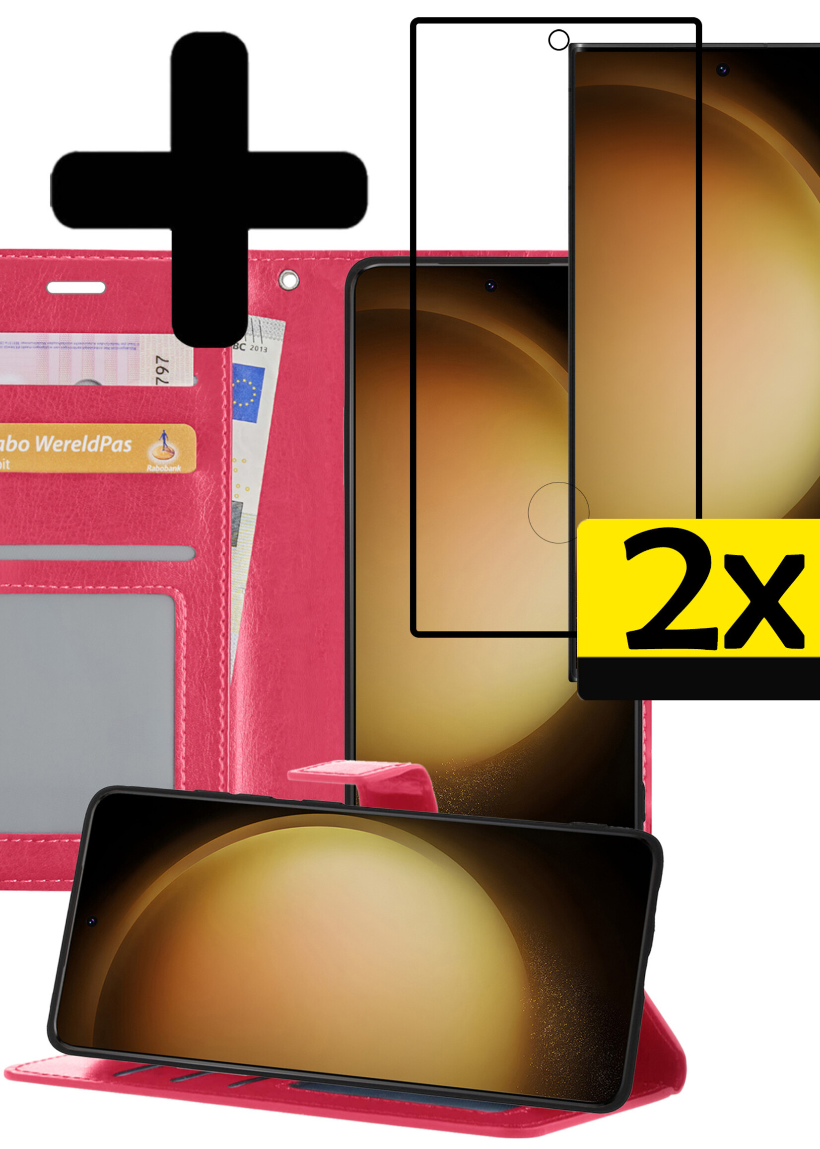 LUQ Hoesje Geschikt voor Samsung S23 Ultra Hoesje Book Case Hoes Wallet Cover Met 2x Screenprotector - Hoes Geschikt voor Samsung Galaxy S23 Ultra Hoesje Bookcase Hoes - Donkerroze