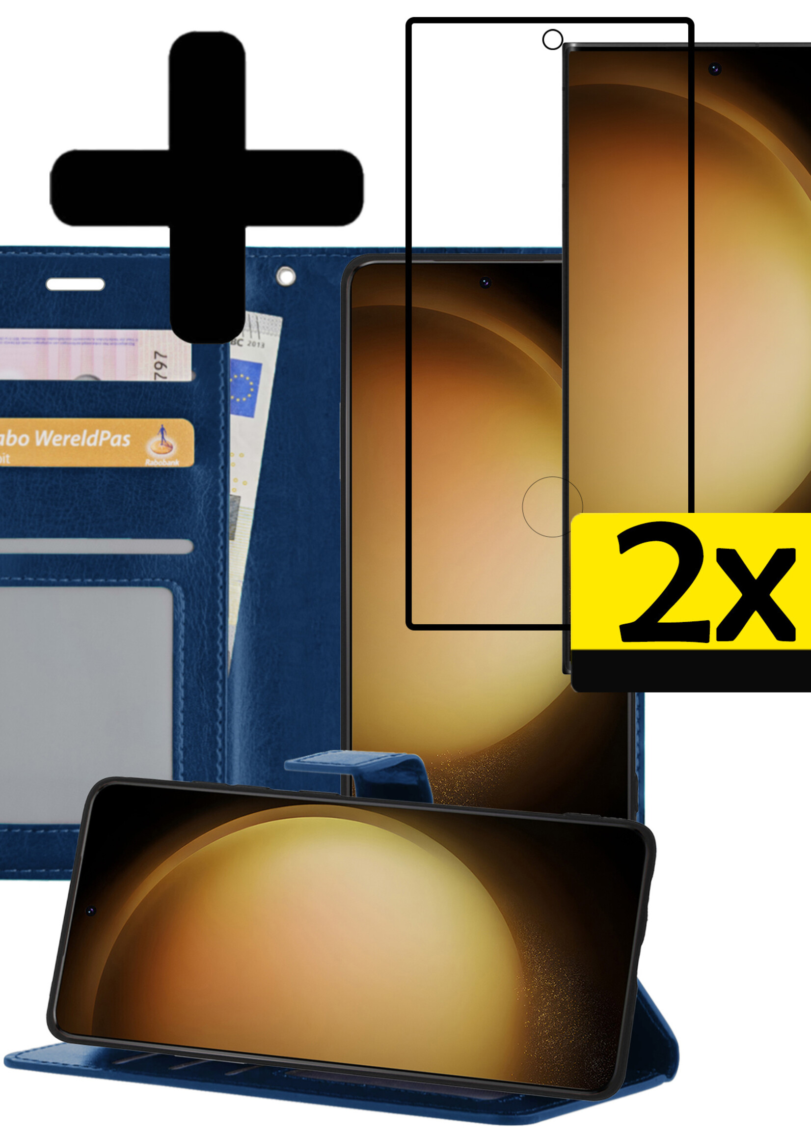 LUQ Hoesje Geschikt voor Samsung S23 Ultra Hoesje Book Case Hoes Wallet Cover Met 2x Screenprotector - Hoes Geschikt voor Samsung Galaxy S23 Ultra Hoesje Bookcase Hoes - Donkerblauw