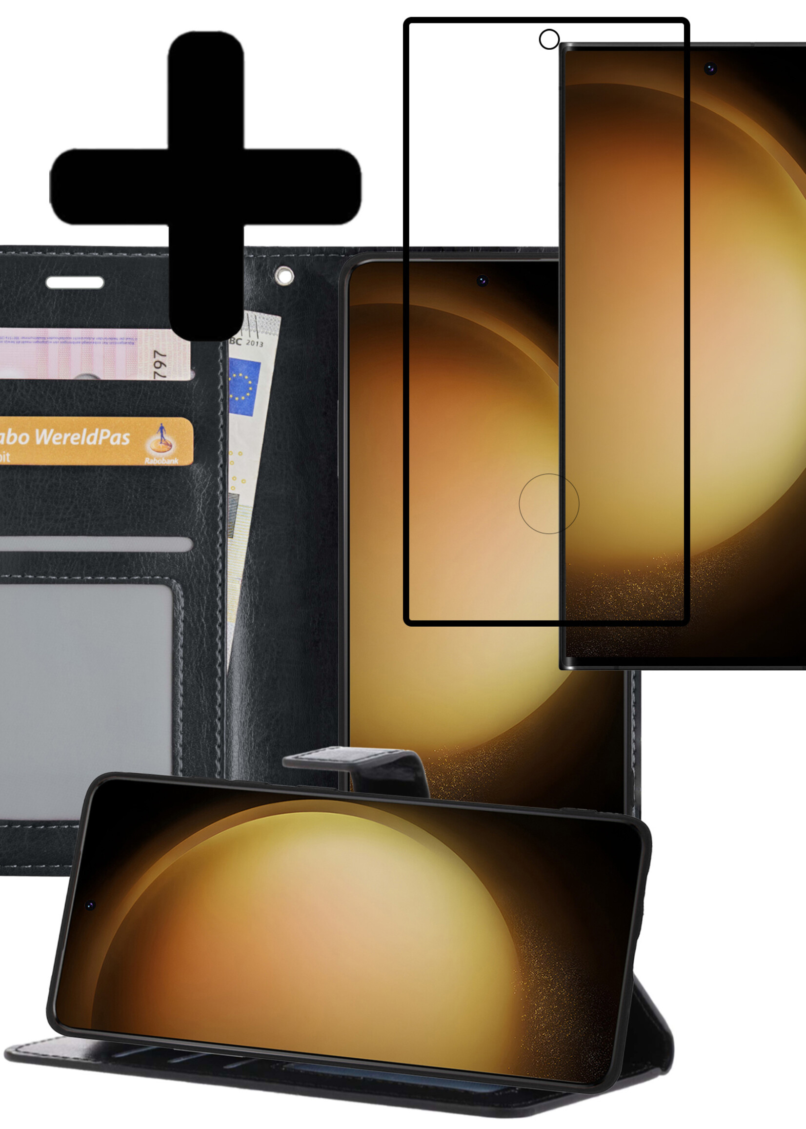 LUQ Hoesje Geschikt voor Samsung S23 Ultra Hoesje Book Case Hoes Wallet Cover Met Screenprotector - Hoes Geschikt voor Samsung Galaxy S23 Ultra Hoesje Bookcase Hoes - Zwart