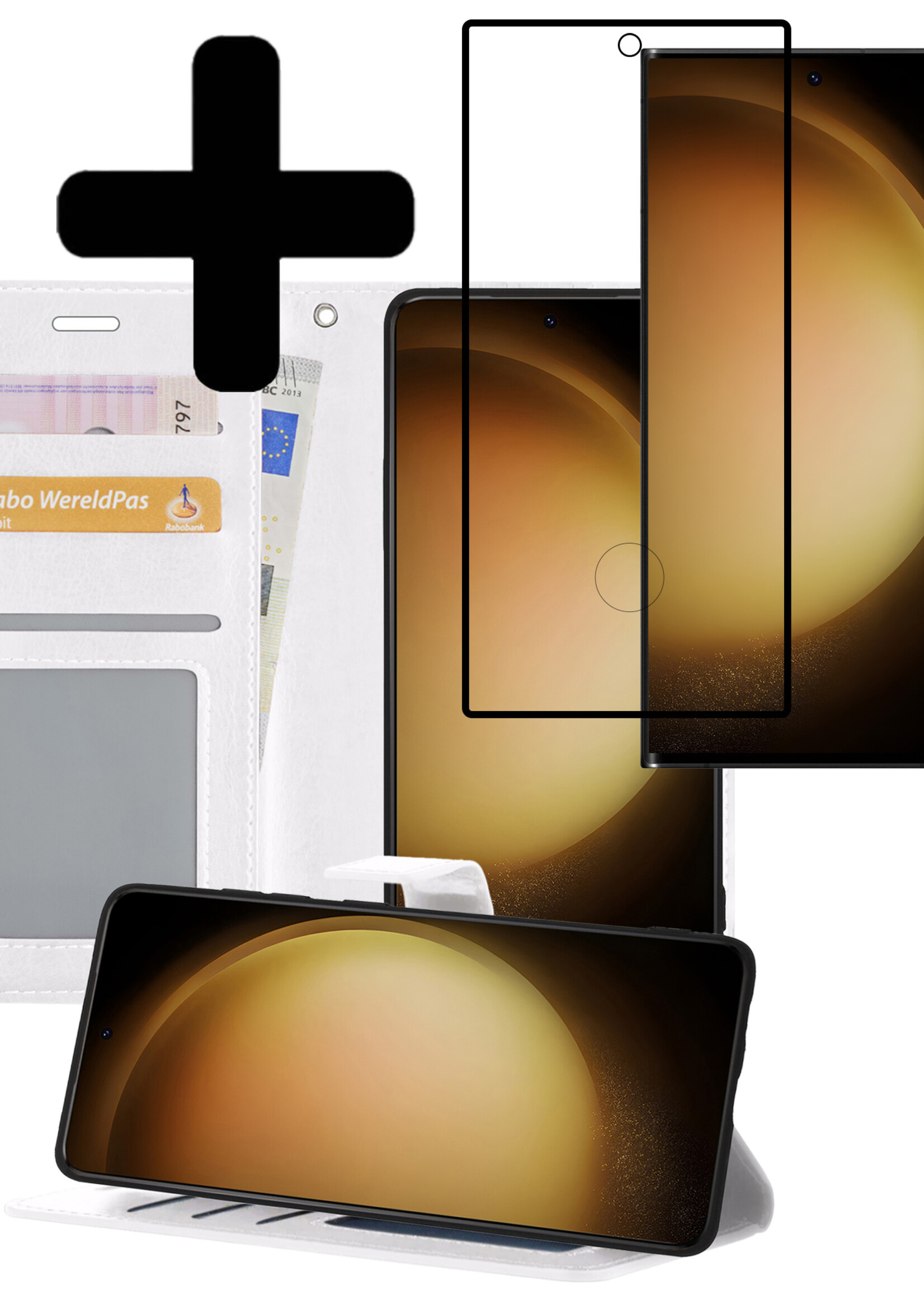 LUQ Hoesje Geschikt voor Samsung S23 Ultra Hoesje Book Case Hoes Wallet Cover Met Screenprotector - Hoes Geschikt voor Samsung Galaxy S23 Ultra Hoesje Bookcase Hoes - Wit