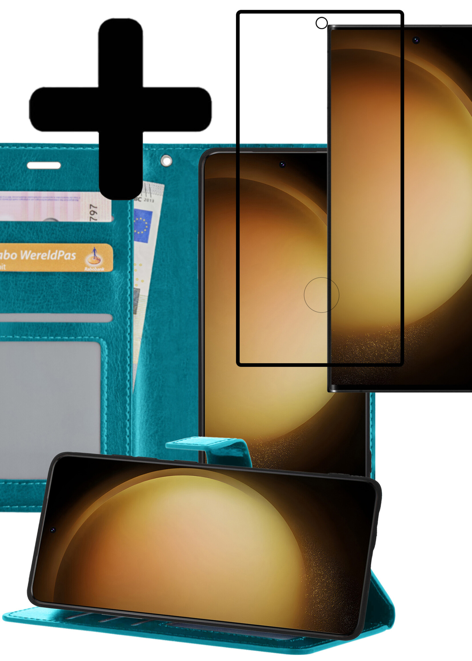 LUQ Hoesje Geschikt voor Samsung S23 Ultra Hoesje Book Case Hoes Wallet Cover Met Screenprotector - Hoes Geschikt voor Samsung Galaxy S23 Ultra Hoesje Bookcase Hoes - Turquoise