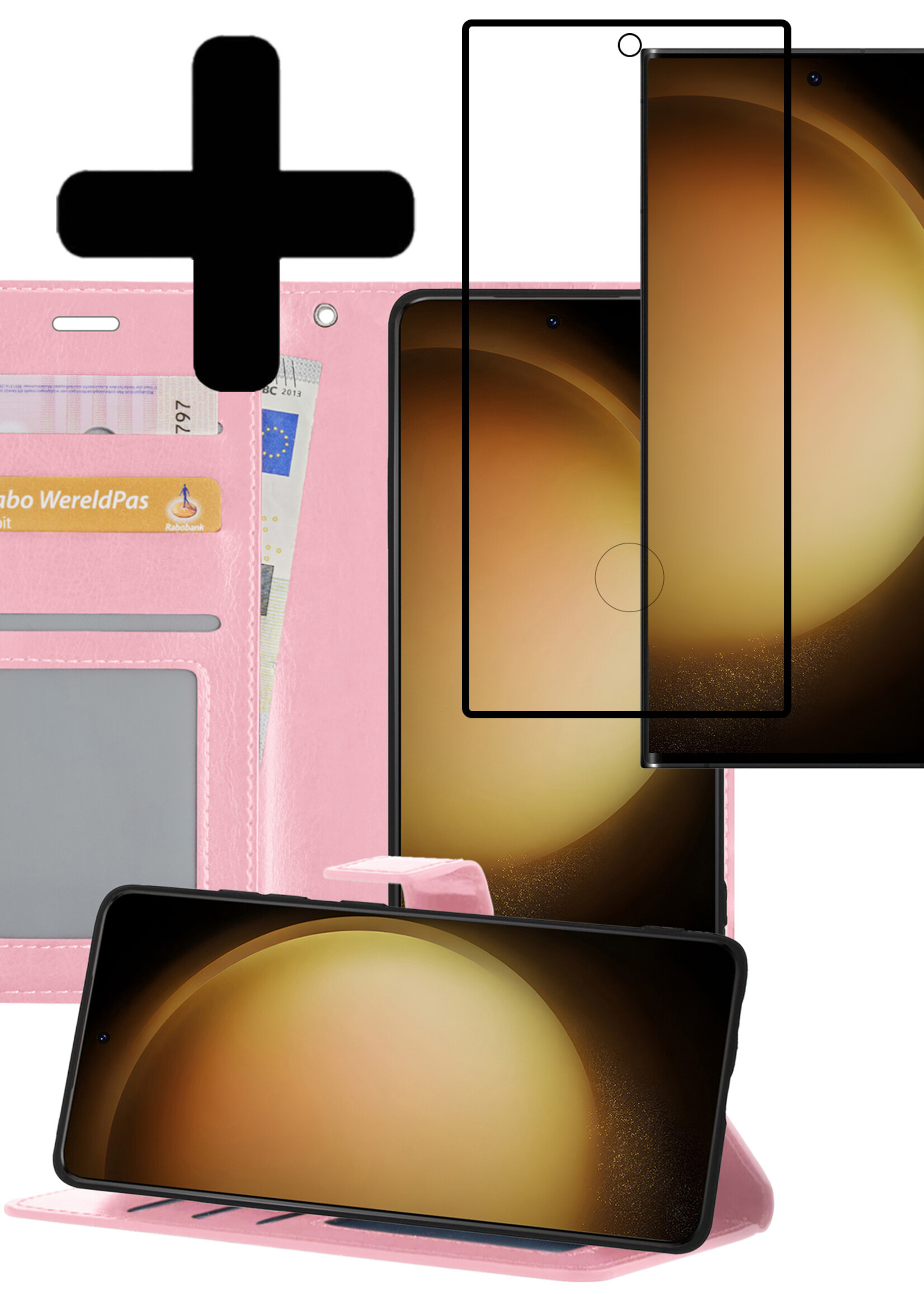 LUQ Hoesje Geschikt voor Samsung S23 Ultra Hoesje Book Case Hoes Wallet Cover Met Screenprotector - Hoes Geschikt voor Samsung Galaxy S23 Ultra Hoesje Bookcase Hoes - Rosé goud