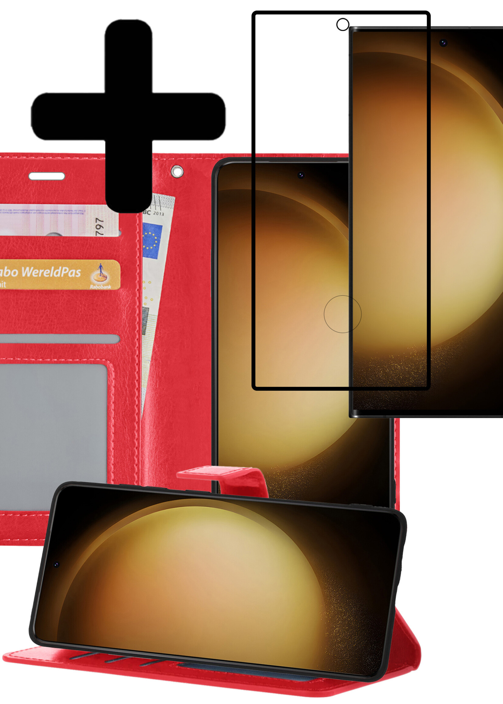 LUQ Hoesje Geschikt voor Samsung S23 Ultra Hoesje Book Case Hoes Wallet Cover Met Screenprotector - Hoes Geschikt voor Samsung Galaxy S23 Ultra Hoesje Bookcase Hoes - Rood