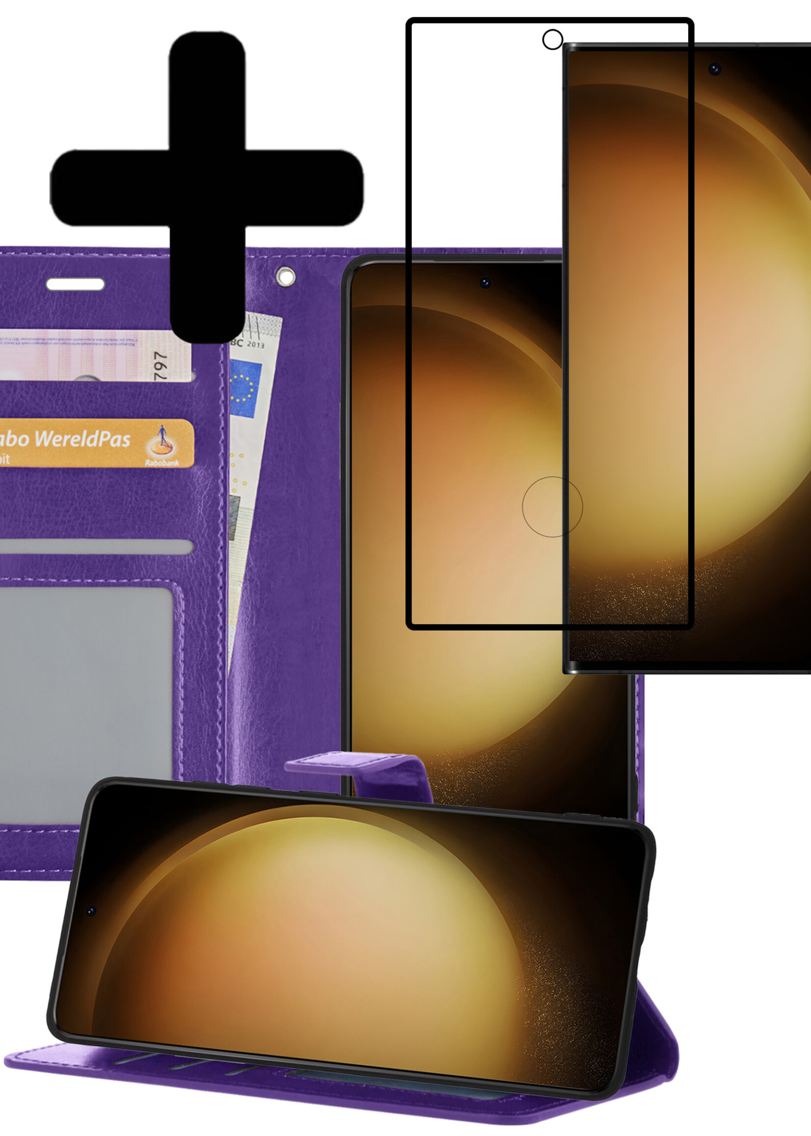 LUQ Hoesje Geschikt voor Samsung S23 Ultra Hoesje Book Case Hoes Wallet Cover Met Screenprotector - Hoes Geschikt voor Samsung Galaxy S23 Ultra Hoesje Bookcase Hoes - Paars