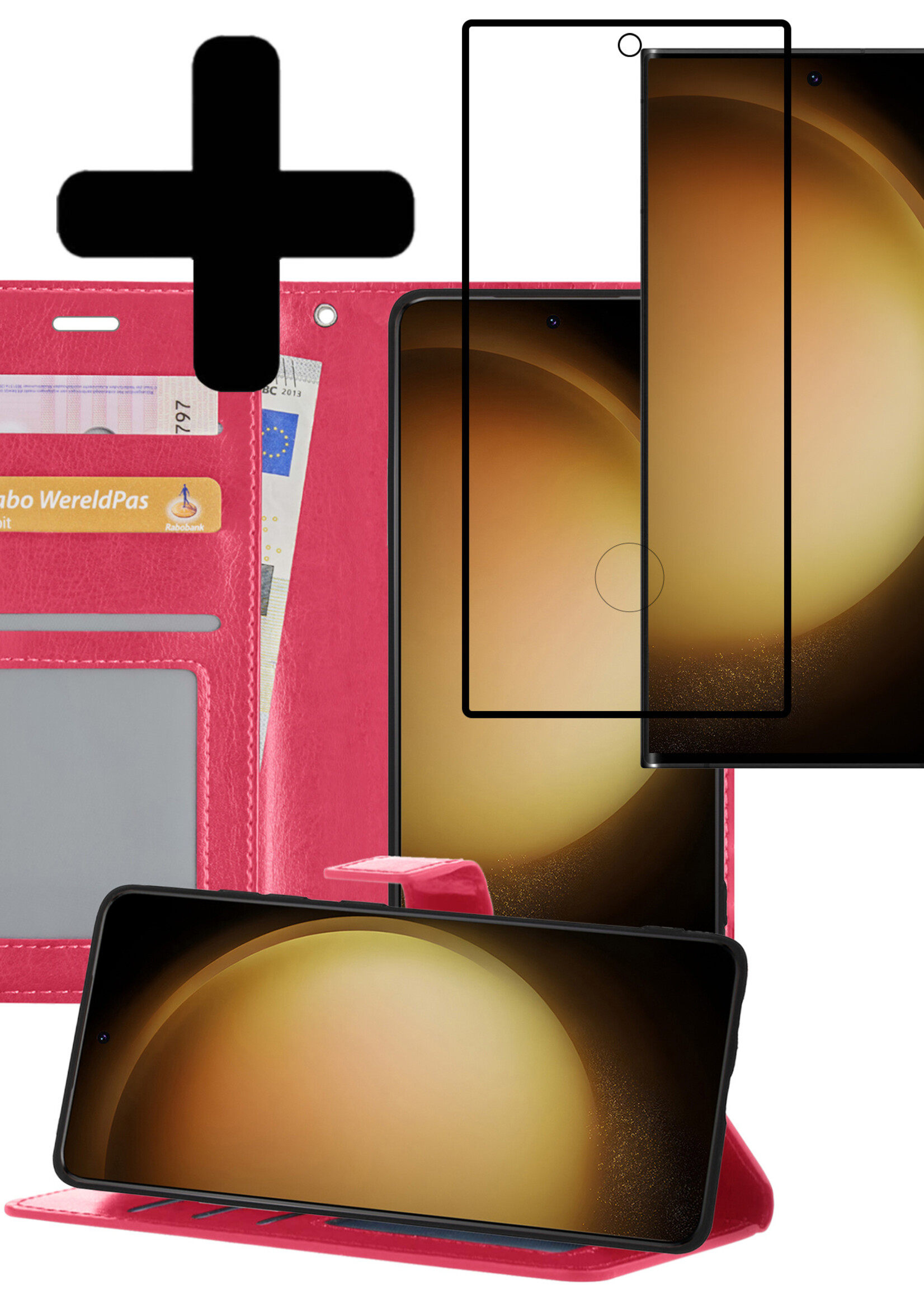 LUQ Hoesje Geschikt voor Samsung S23 Ultra Hoesje Book Case Hoes Wallet Cover Met Screenprotector - Hoes Geschikt voor Samsung Galaxy S23 Ultra Hoesje Bookcase Hoes - Donkerroze