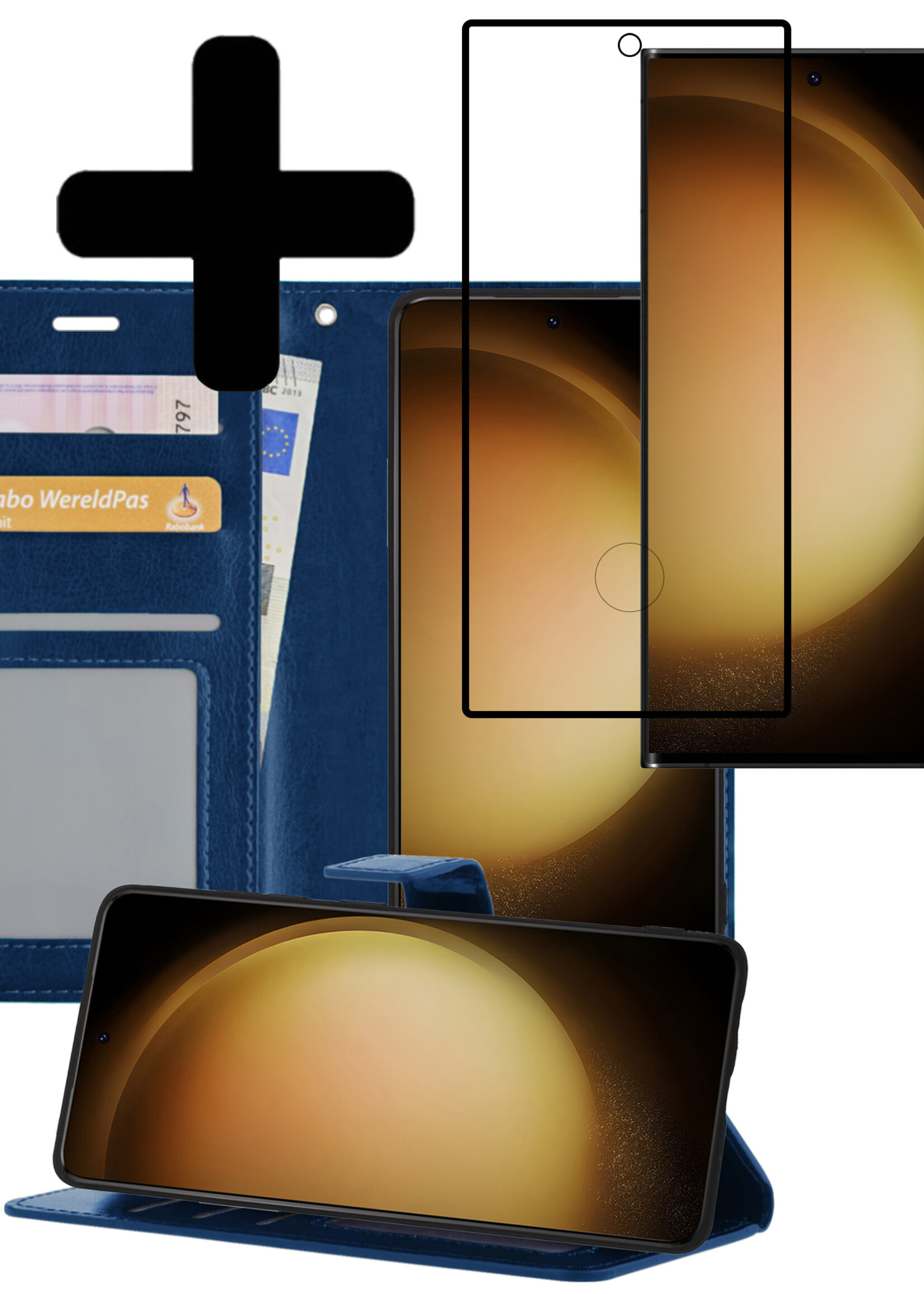 LUQ Hoesje Geschikt voor Samsung S23 Ultra Hoesje Book Case Hoes Wallet Cover Met Screenprotector - Hoes Geschikt voor Samsung Galaxy S23 Ultra Hoesje Bookcase Hoes - Donkerblauw