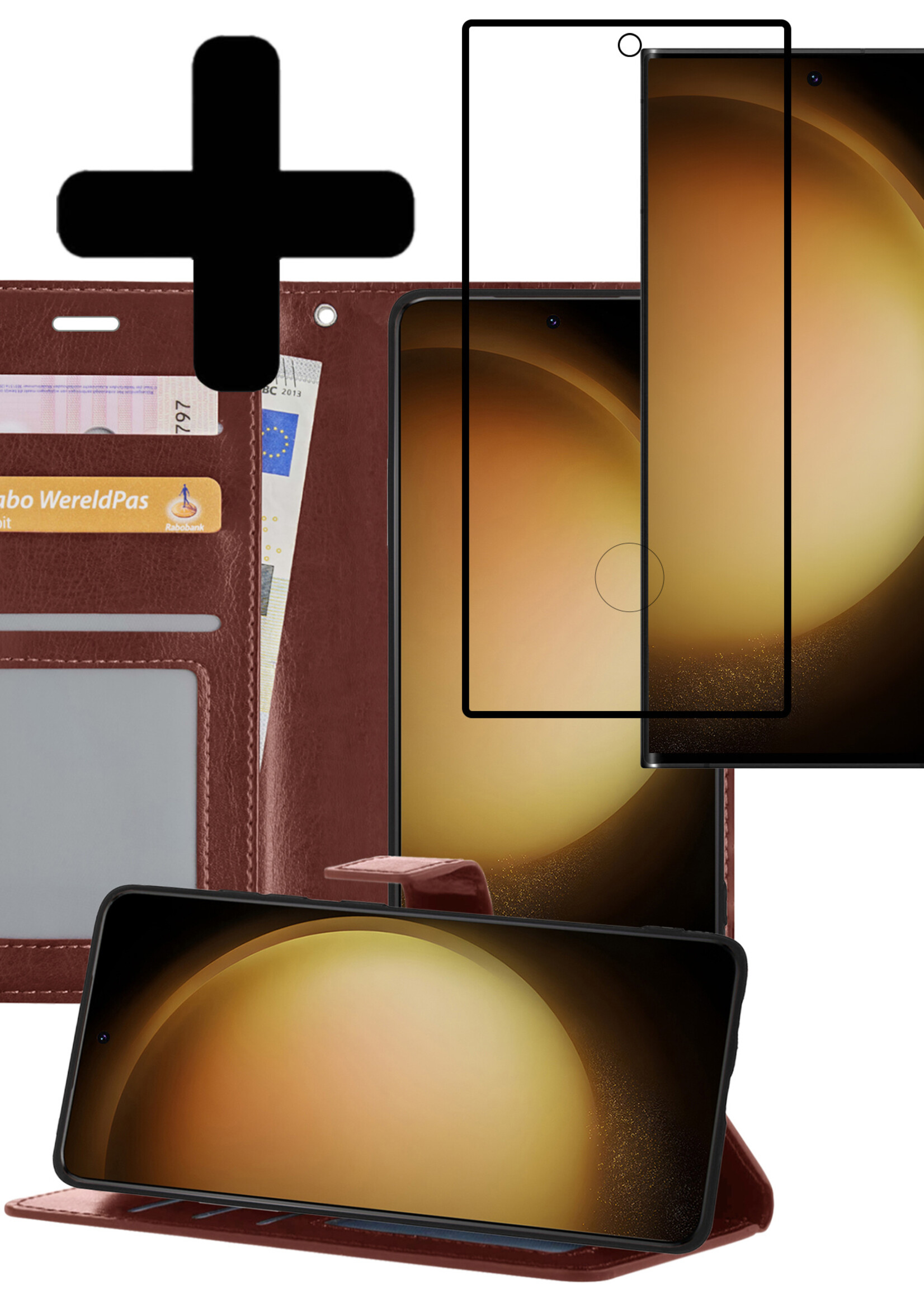 LUQ Hoesje Geschikt voor Samsung S23 Ultra Hoesje Book Case Hoes Wallet Cover Met Screenprotector - Hoes Geschikt voor Samsung Galaxy S23 Ultra Hoesje Bookcase Hoes - Bruin