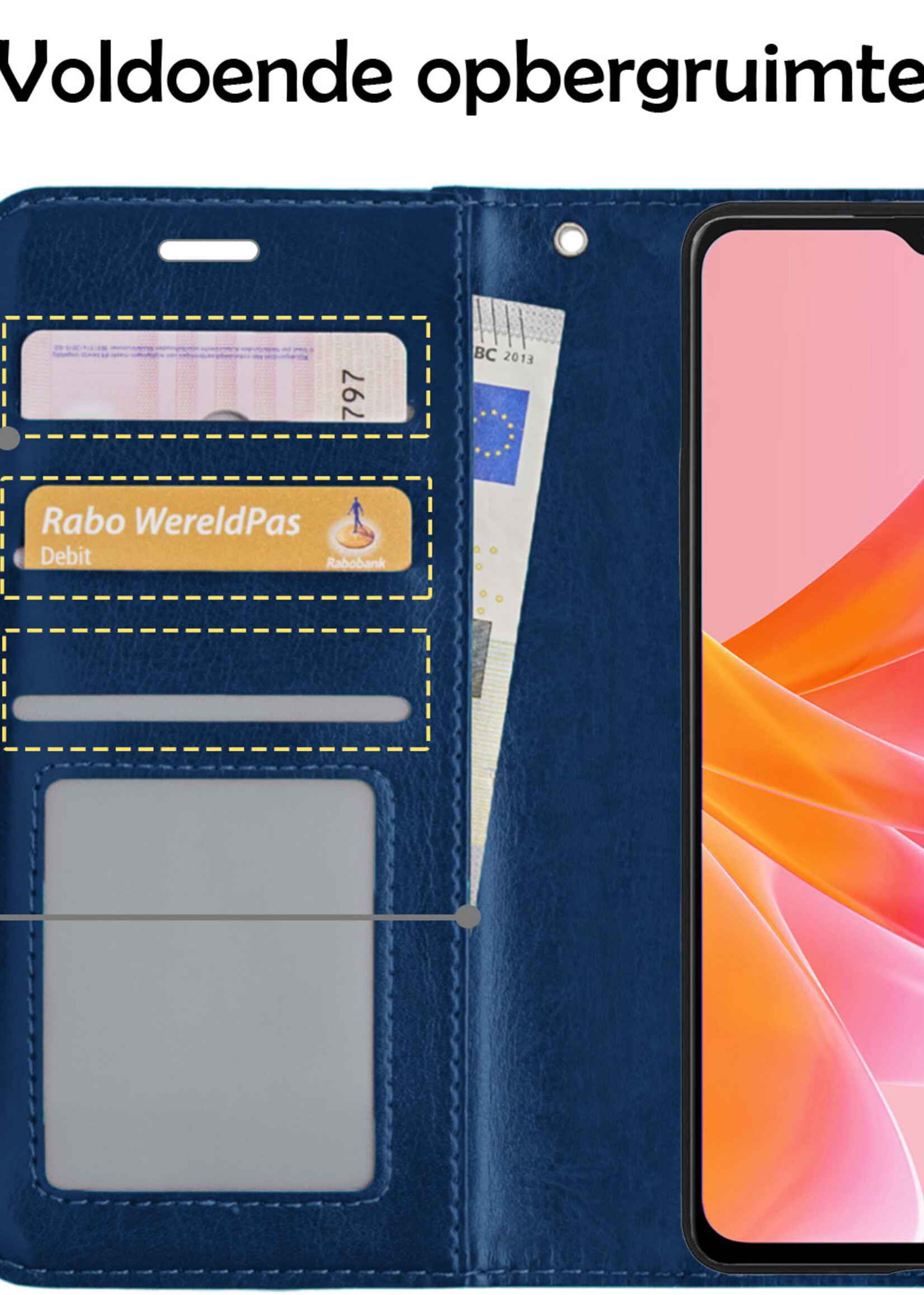 LUQ Hoesje Geschikt voor OPPO A17 Hoesje Book Case Hoes Wallet Cover Met Screenprotector - Hoes Geschikt voor OPPO A17 Hoesje Bookcase Hoes - Donkerblauw