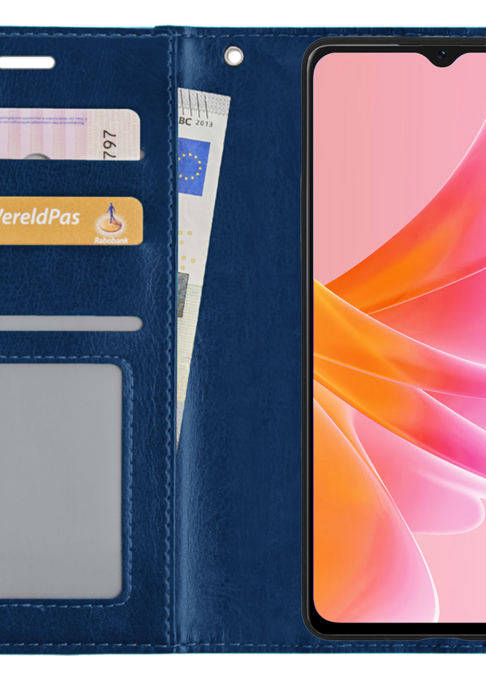 LUQ Hoesje Geschikt voor OPPO A17 Hoesje Book Case Hoes Wallet Cover Met 2x Screenprotector - Hoes Geschikt voor OPPO A17 Hoesje Bookcase Hoes - Donkerblauw