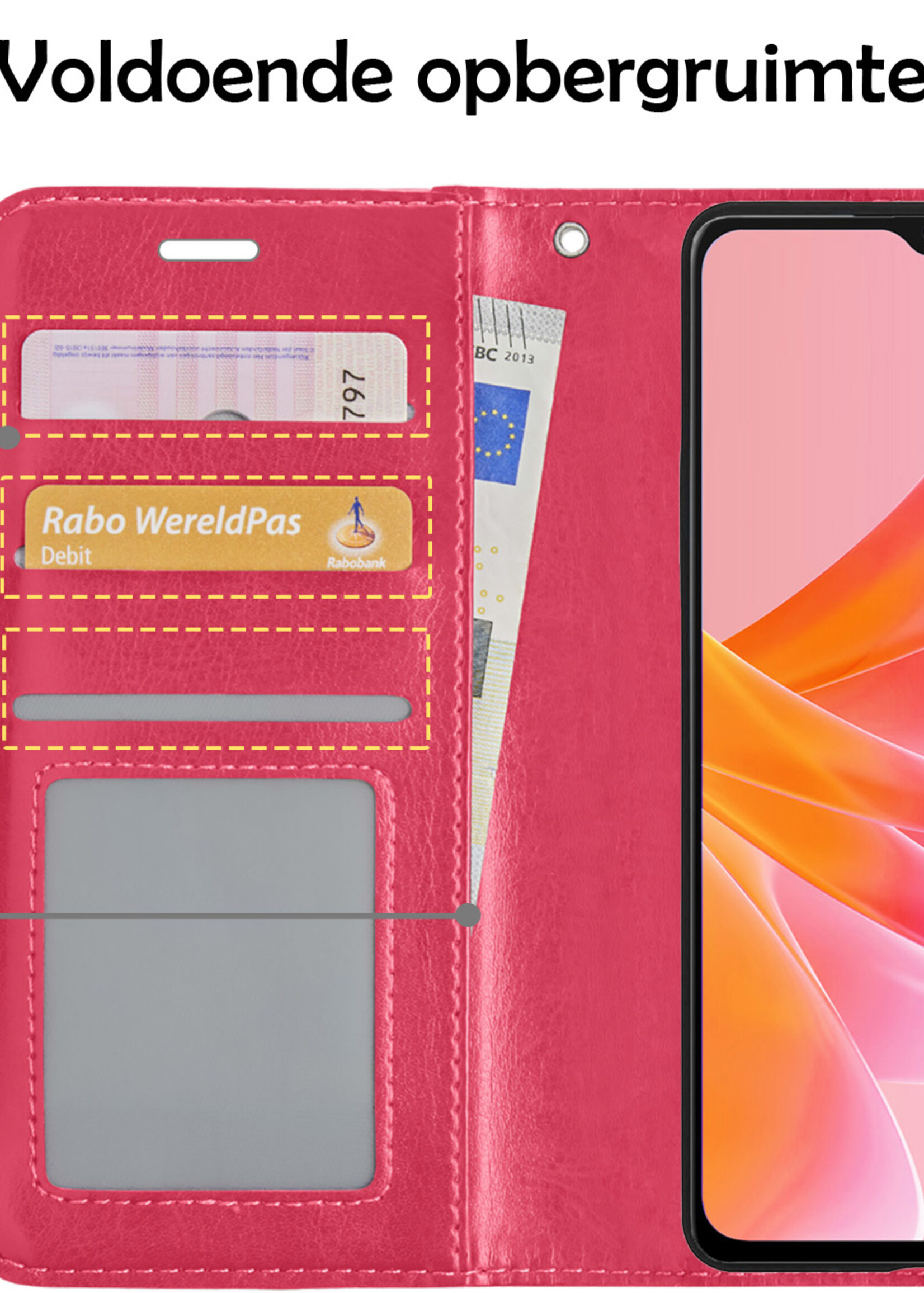 LUQ Hoesje Geschikt voor OPPO A17 Hoesje Book Case Hoes Wallet Cover Met 2x Screenprotector - Hoes Geschikt voor OPPO A17 Hoesje Bookcase Hoes - Donkerroze