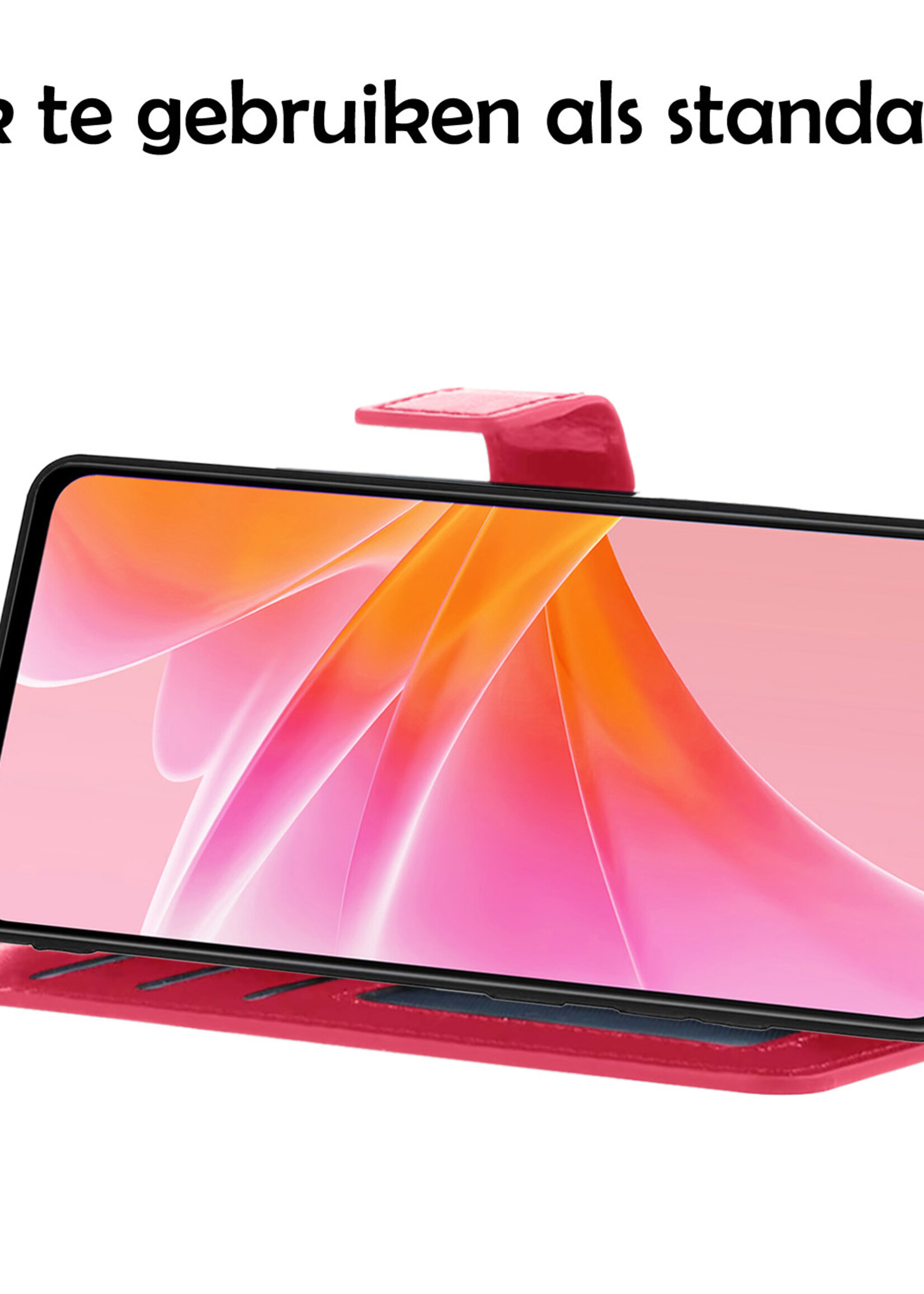 LUQ Hoesje Geschikt voor OPPO A17 Hoesje Book Case Hoes Wallet Cover Met 2x Screenprotector - Hoes Geschikt voor OPPO A17 Hoesje Bookcase Hoes - Donkerroze