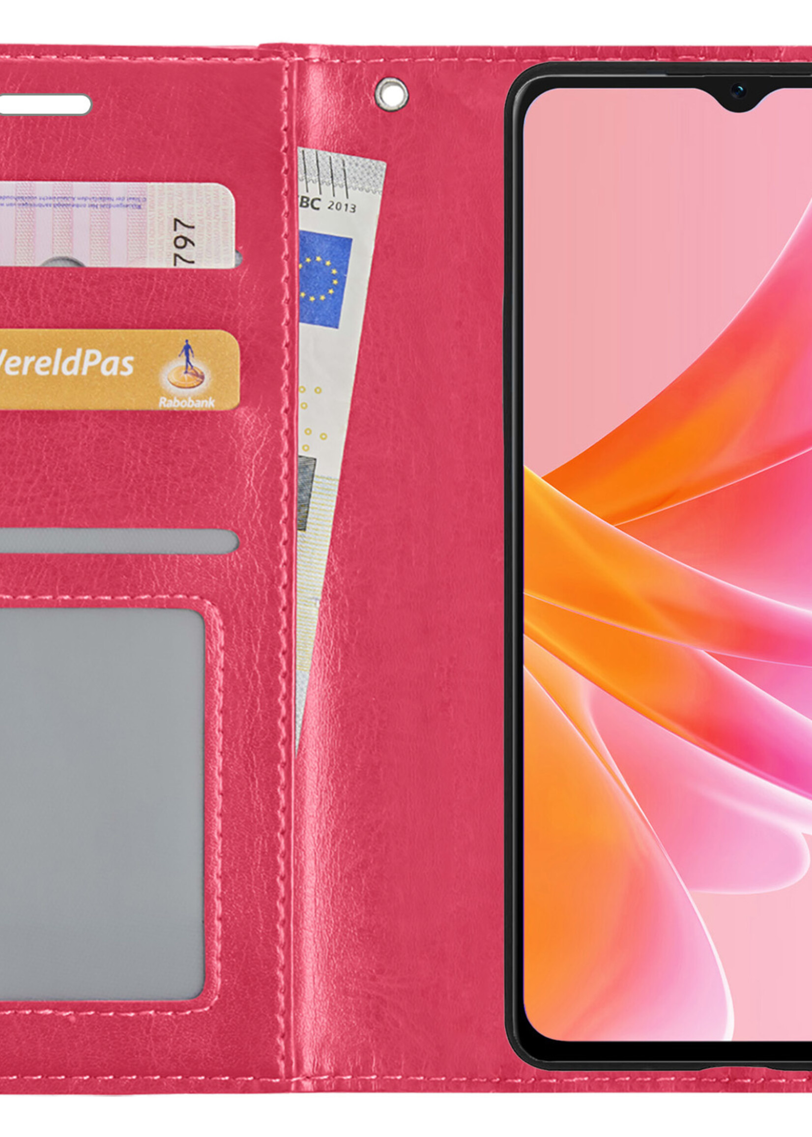 LUQ Hoesje Geschikt voor OPPO A17 Hoesje Book Case Hoes Wallet Cover Met 2x Screenprotector - Hoes Geschikt voor OPPO A17 Hoesje Bookcase Hoes - Donkerroze
