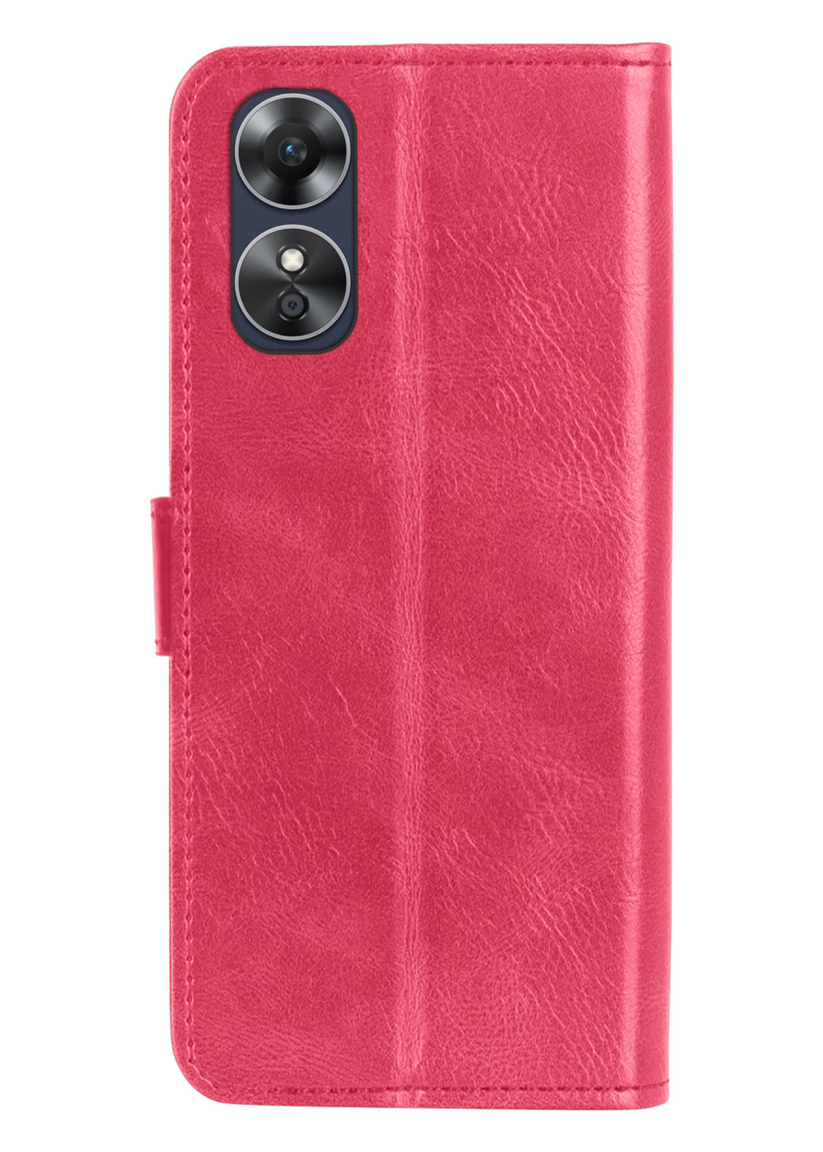 LUQ Hoesje Geschikt voor OPPO A17 Hoesje Book Case Hoes Wallet Cover Met 2x Screenprotector - Hoes Geschikt voor OPPO A17 Hoesje Bookcase Hoes - Donkerroze