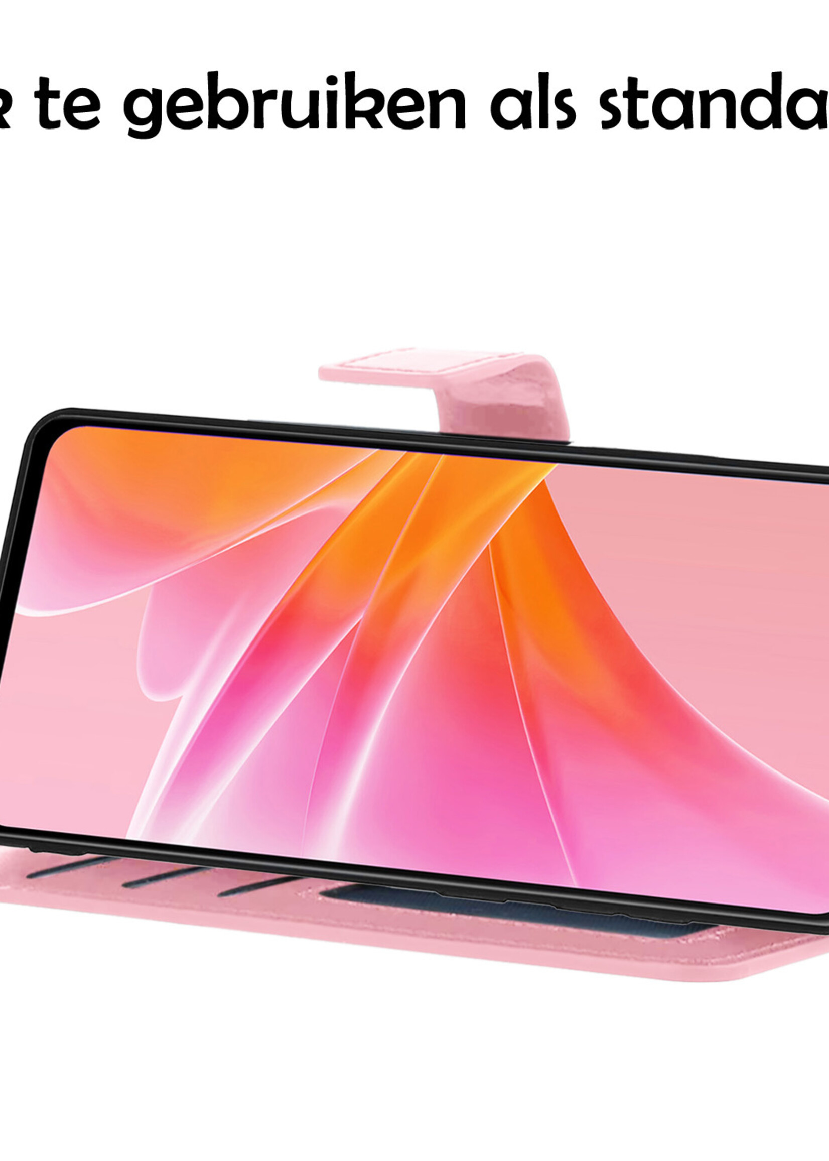 LUQ Hoesje Geschikt voor OPPO A17 Hoesje Book Case Hoes Wallet Cover Met 2x Screenprotector - Hoes Geschikt voor OPPO A17 Hoesje Bookcase Hoes - Lichtroze