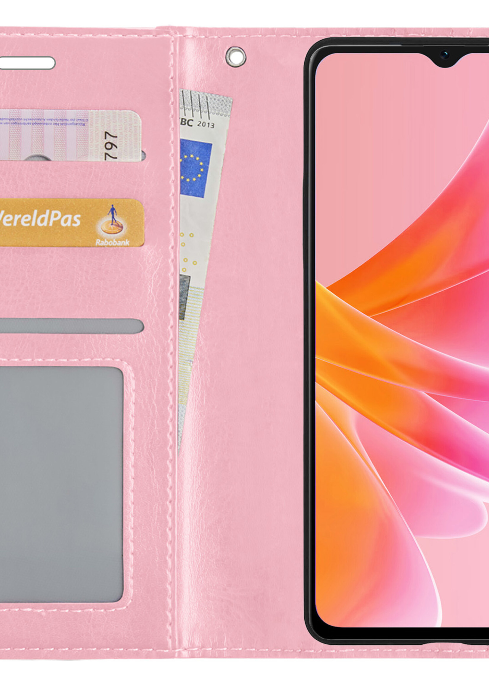 LUQ Hoesje Geschikt voor OPPO A17 Hoesje Book Case Hoes Wallet Cover Met 2x Screenprotector - Hoes Geschikt voor OPPO A17 Hoesje Bookcase Hoes - Lichtroze