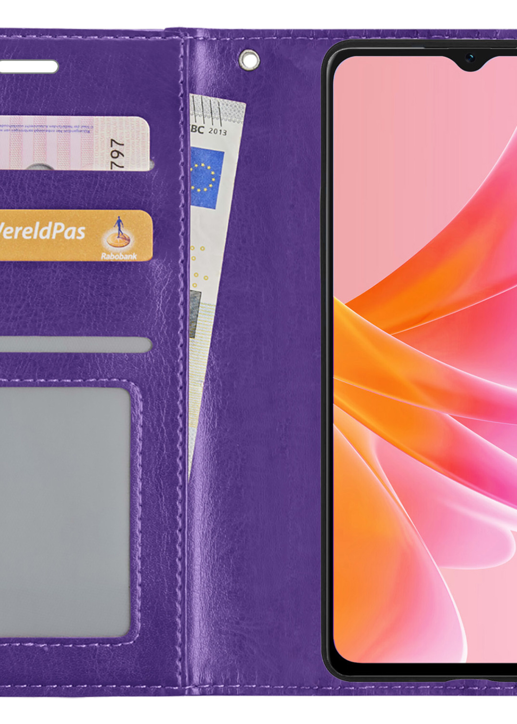 LUQ Hoesje Geschikt voor OPPO A17 Hoesje Book Case Hoes Wallet Cover Met 2x Screenprotector - Hoes Geschikt voor OPPO A17 Hoesje Bookcase Hoes - Paars
