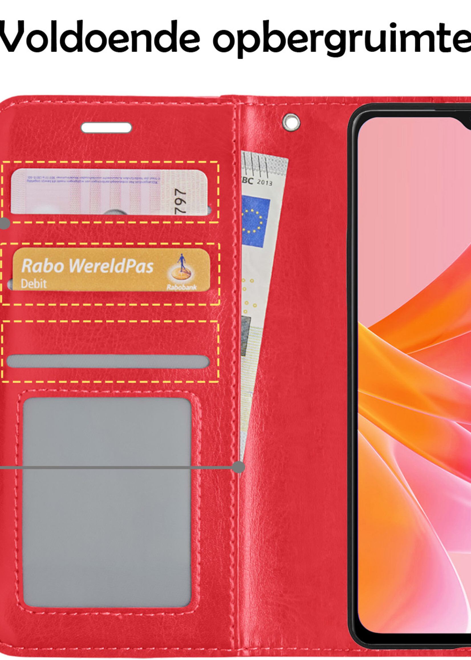 LUQ Hoesje Geschikt voor OPPO A17 Hoesje Book Case Hoes Wallet Cover Met 2x Screenprotector - Hoes Geschikt voor OPPO A17 Hoesje Bookcase Hoes - Rood