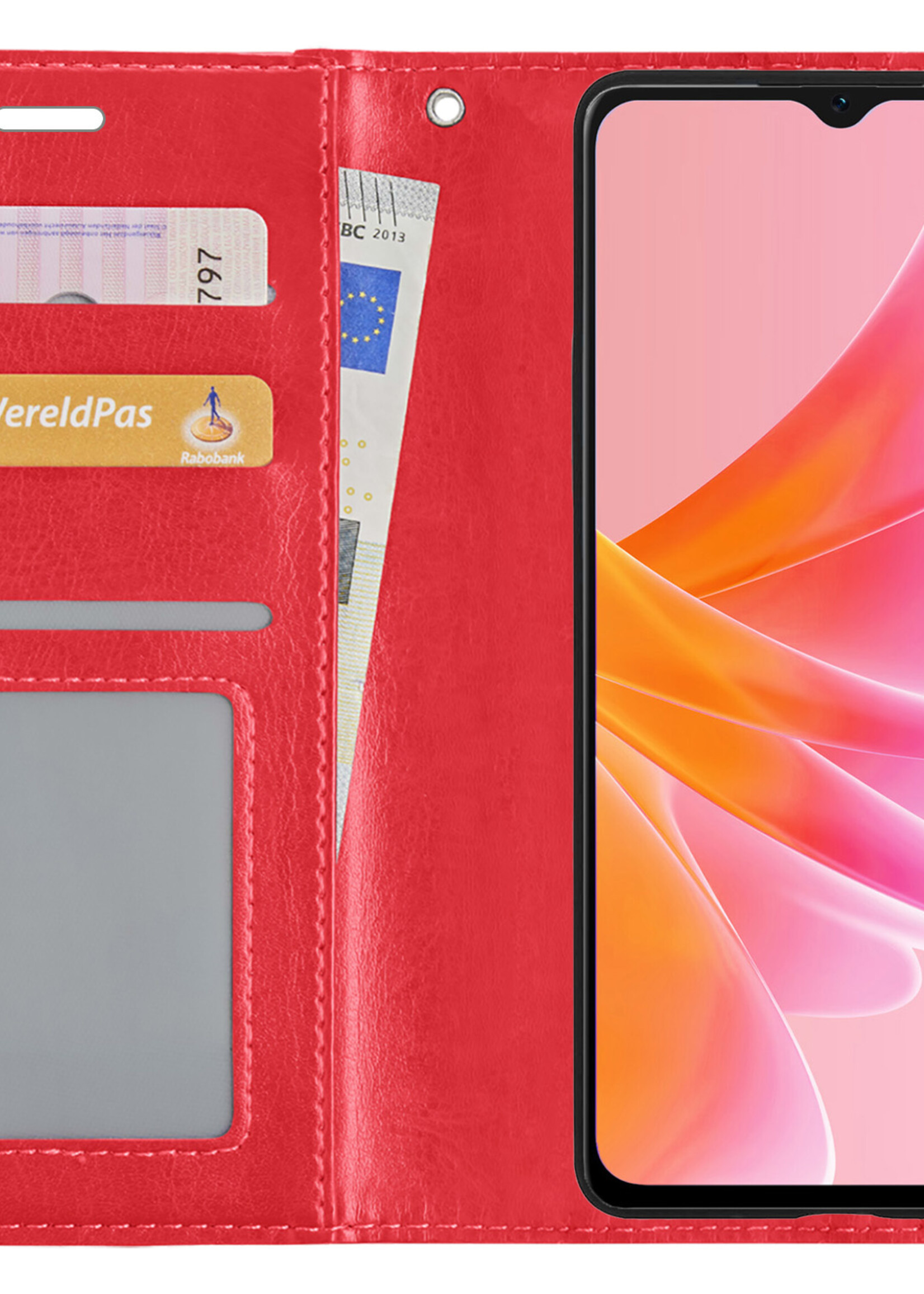 LUQ Hoesje Geschikt voor OPPO A17 Hoesje Book Case Hoes Wallet Cover Met 2x Screenprotector - Hoes Geschikt voor OPPO A17 Hoesje Bookcase Hoes - Rood