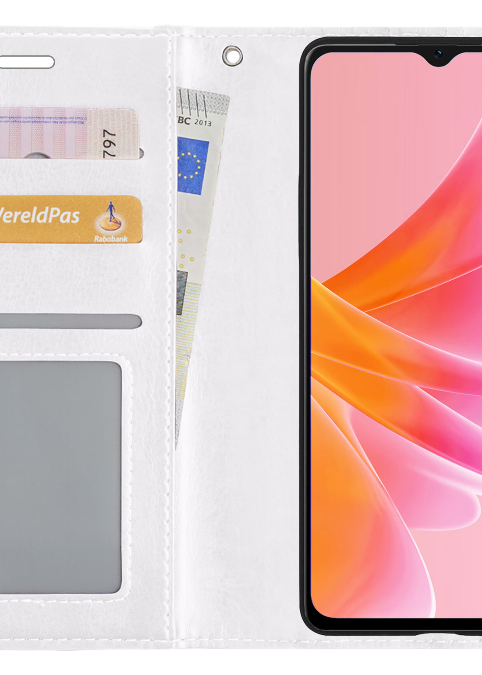 LUQ Hoesje Geschikt voor OPPO A17 Hoesje Book Case Hoes Wallet Cover Met 2x Screenprotector - Hoes Geschikt voor OPPO A17 Hoesje Bookcase Hoes - Wit