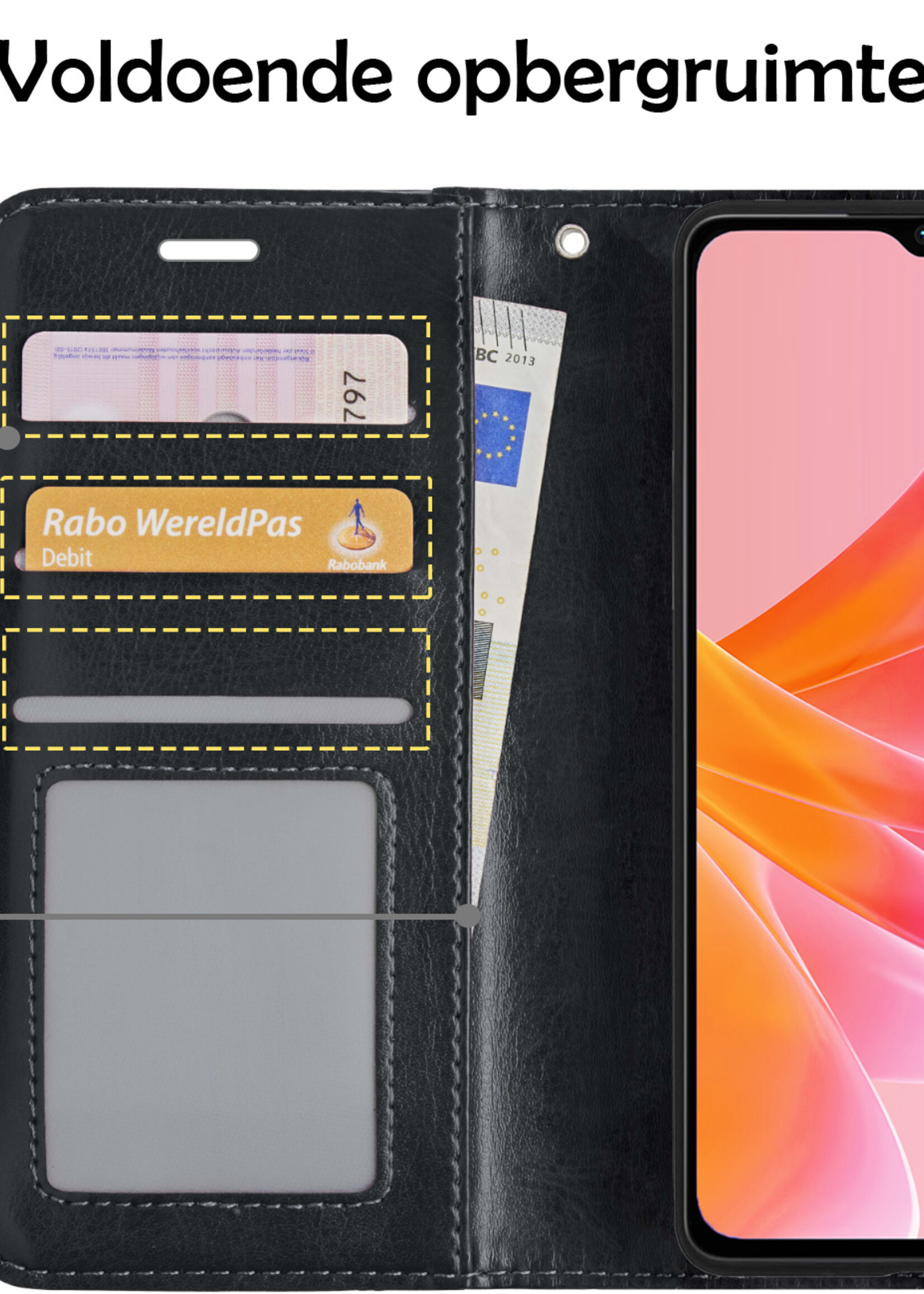 LUQ Hoesje Geschikt voor OPPO A57 Hoesje Book Case Hoes Wallet Cover Met Screenprotector - Hoes Geschikt voor OPPO A57 Hoesje Bookcase Hoes - Zwart