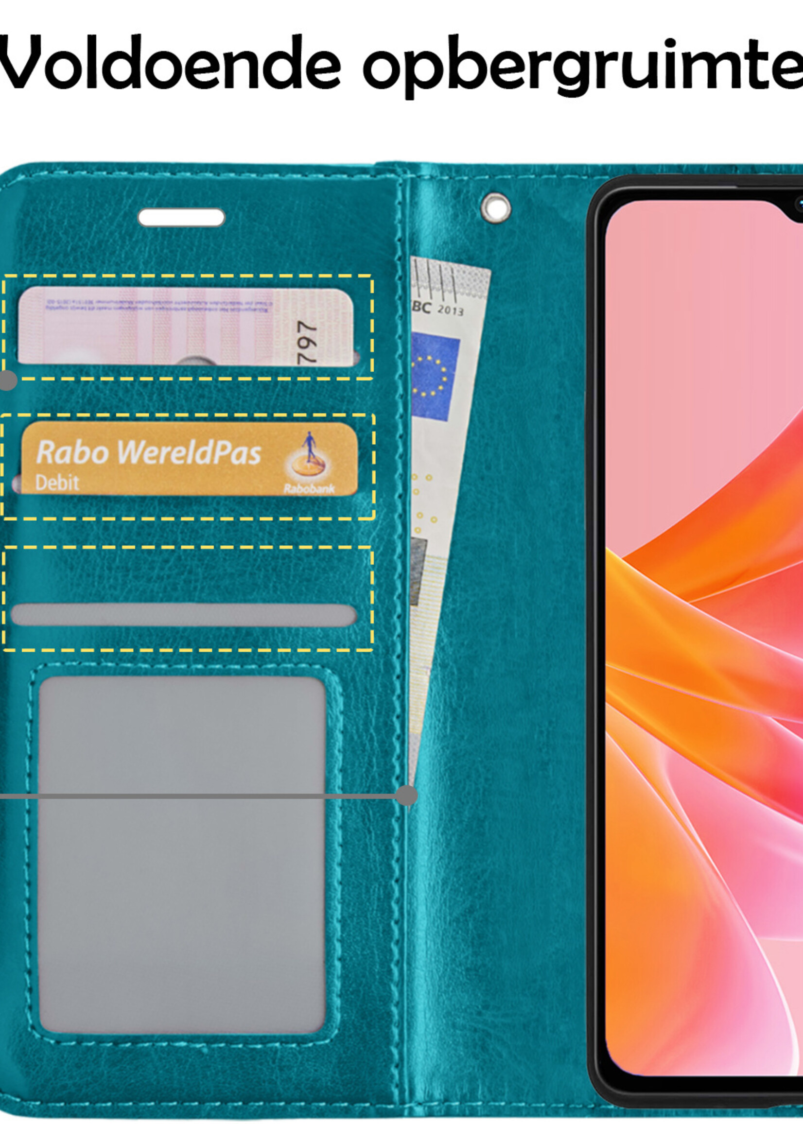LUQ Hoesje Geschikt voor OPPO A57s Hoesje Book Case Hoes Wallet Cover Met 2x Screenprotector - Hoes Geschikt voor OPPO A57s Hoesje Bookcase Hoes - Turquoise