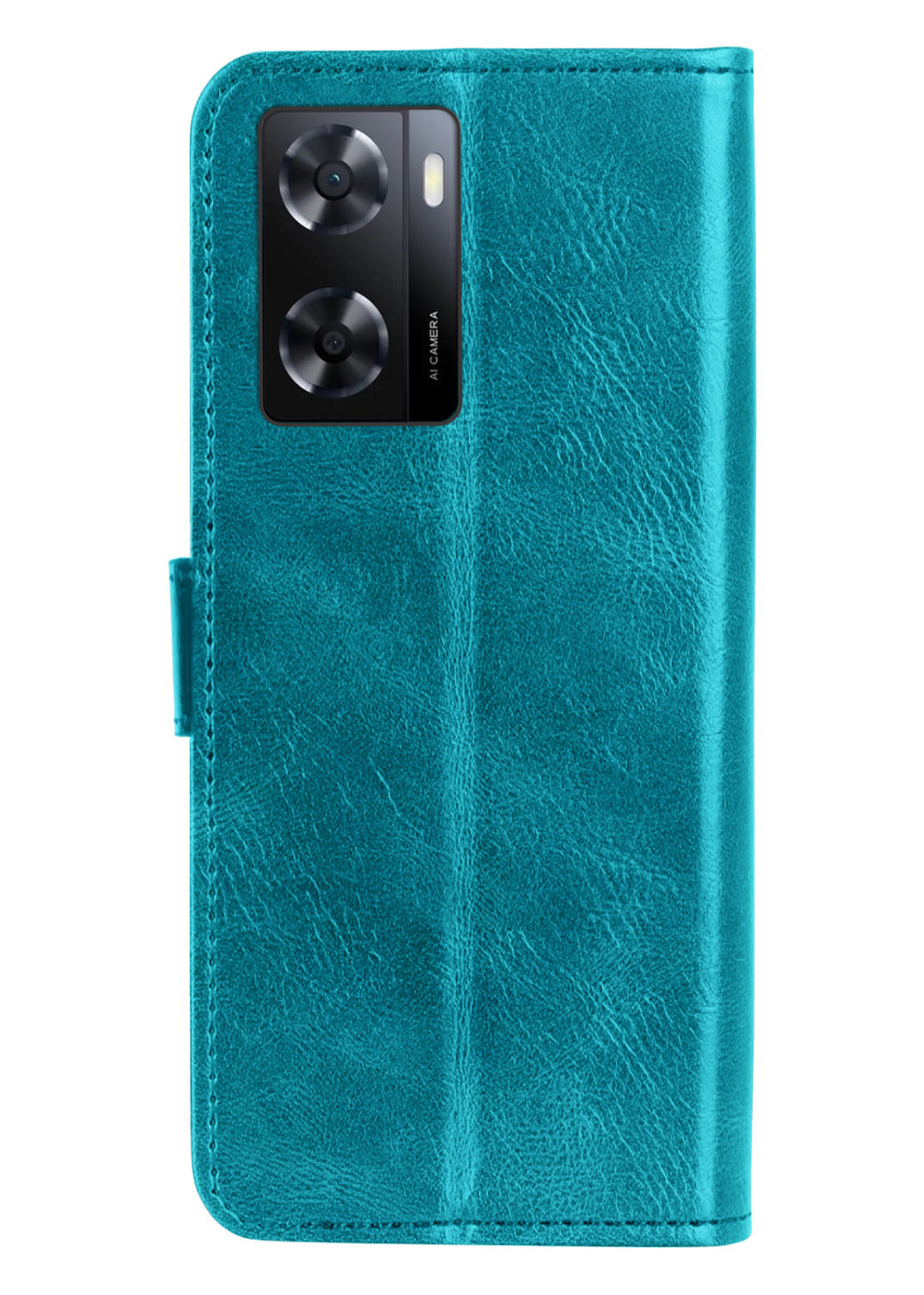 LUQ Hoesje Geschikt voor OPPO A57s Hoesje Book Case Hoes Wallet Cover Met 2x Screenprotector - Hoes Geschikt voor OPPO A57s Hoesje Bookcase Hoes - Turquoise