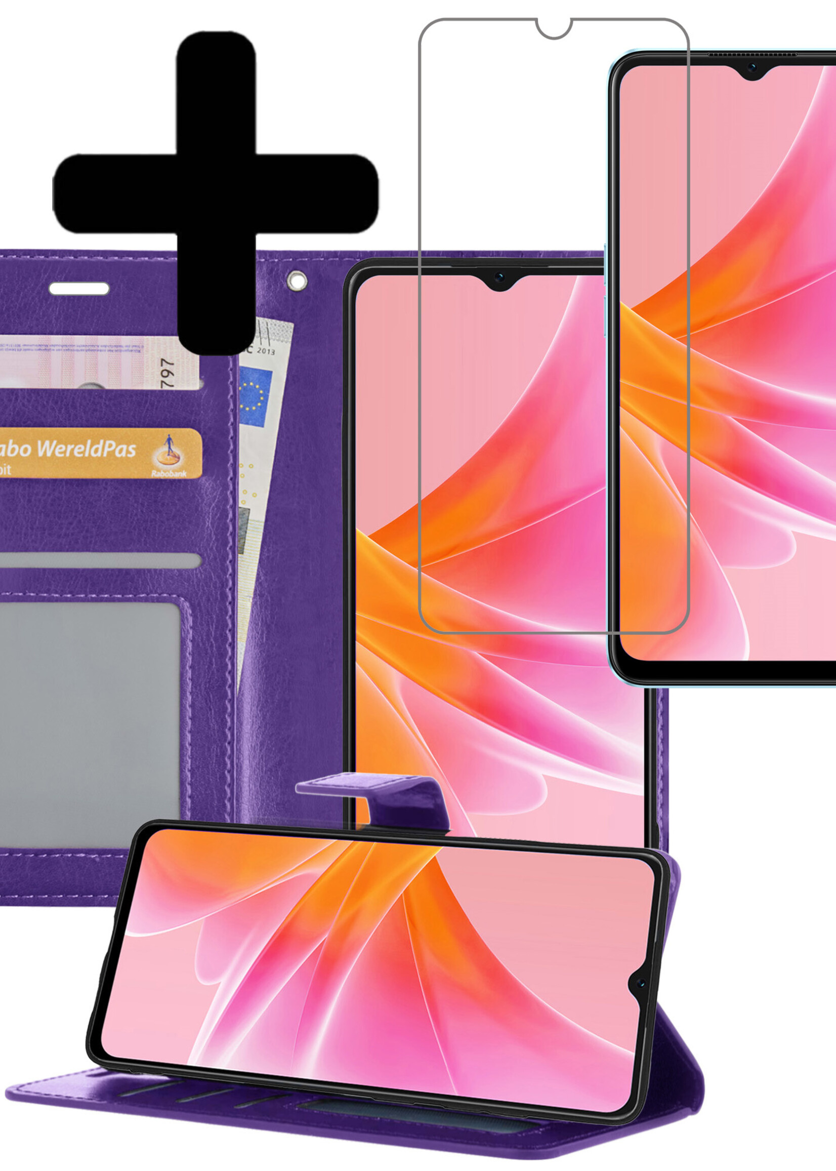 LUQ Hoesje Geschikt voor OPPO A17 Hoesje Book Case Hoes Wallet Cover Met Screenprotector - Hoes Geschikt voor OPPO A17 Hoesje Bookcase Hoes - Paars