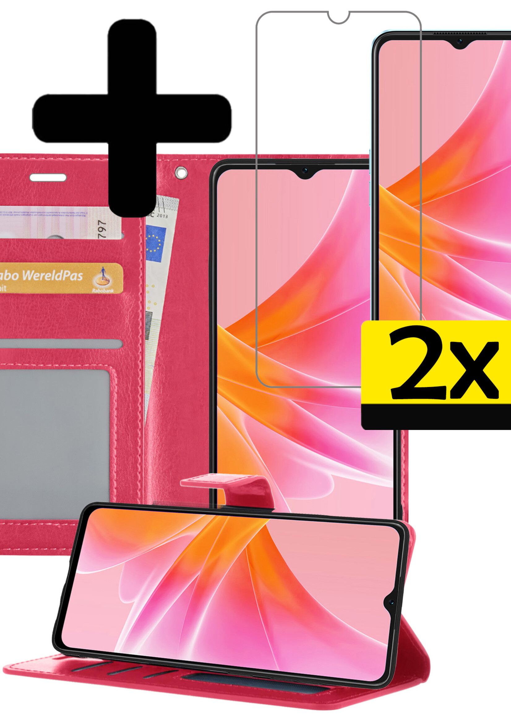 LUQ Hoesje Geschikt voor OPPO A17 Hoesje Book Case Hoes Wallet Cover Met 2x Screenprotector - Hoes Geschikt voor OPPO A17 Hoesje Bookcase Hoes - Donkerroze