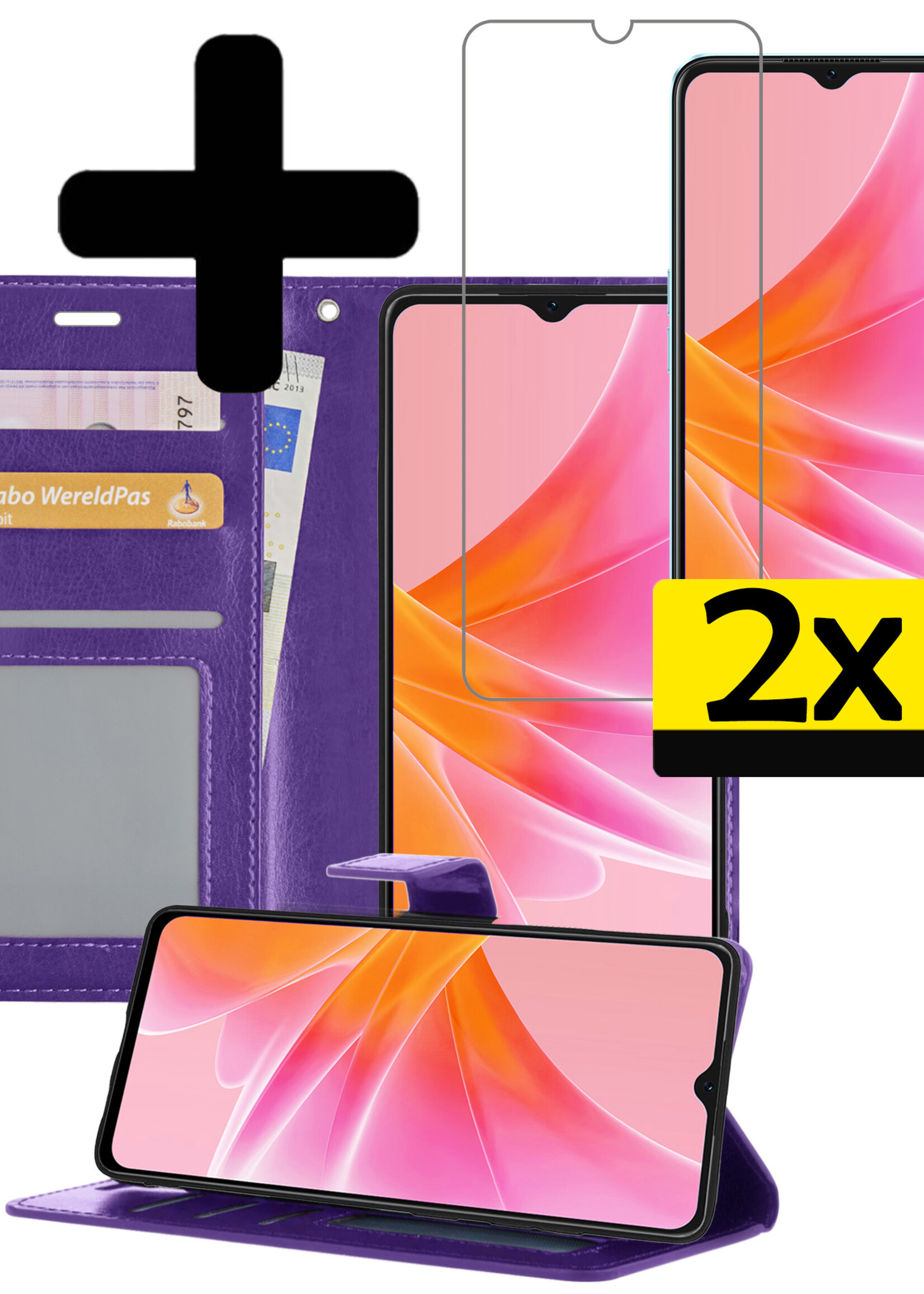 LUQ Hoesje Geschikt voor OPPO A17 Hoesje Book Case Hoes Wallet Cover Met 2x Screenprotector - Hoes Geschikt voor OPPO A17 Hoesje Bookcase Hoes - Paars