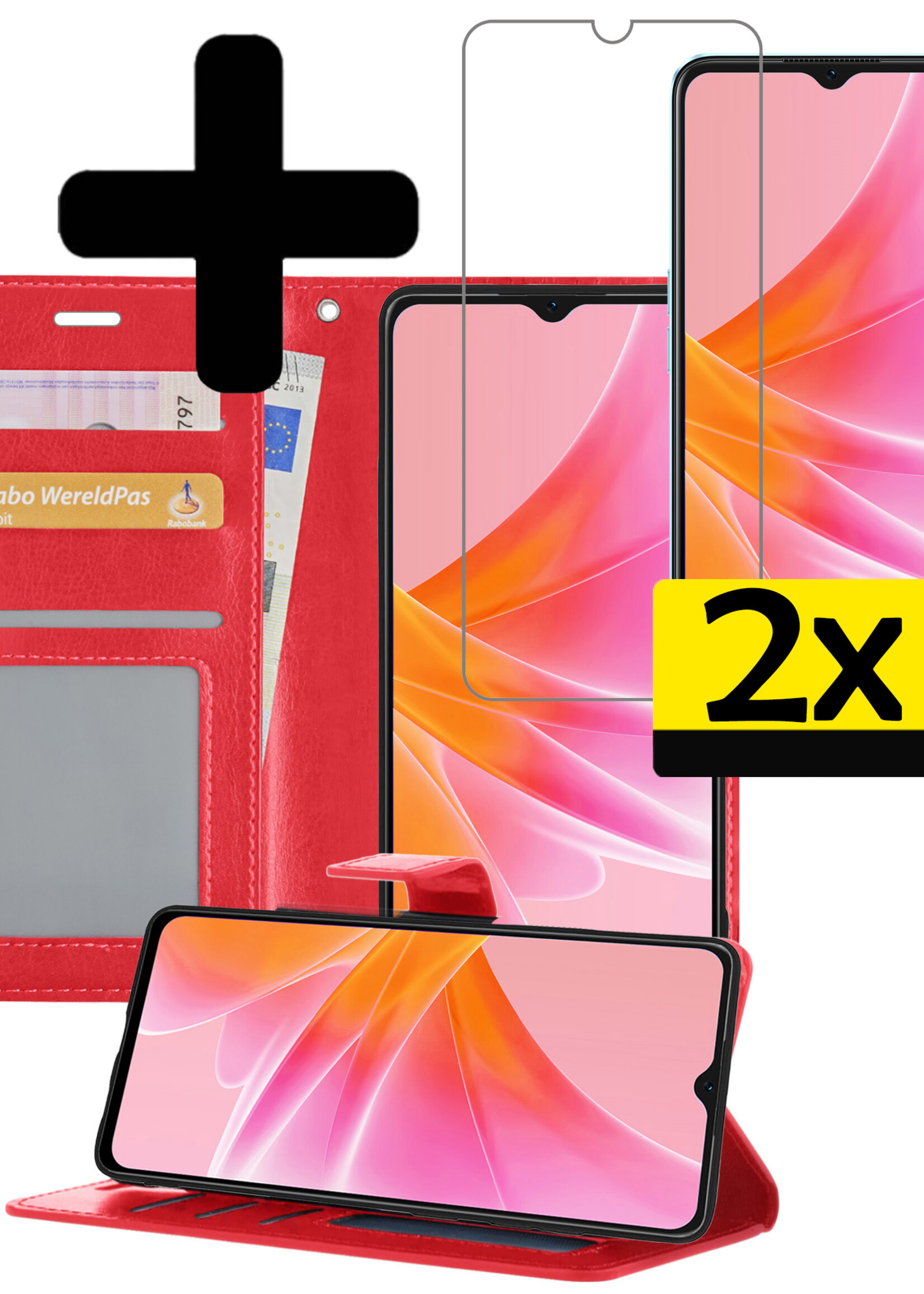 LUQ Hoesje Geschikt voor OPPO A17 Hoesje Book Case Hoes Wallet Cover Met 2x Screenprotector - Hoes Geschikt voor OPPO A17 Hoesje Bookcase Hoes - Rood