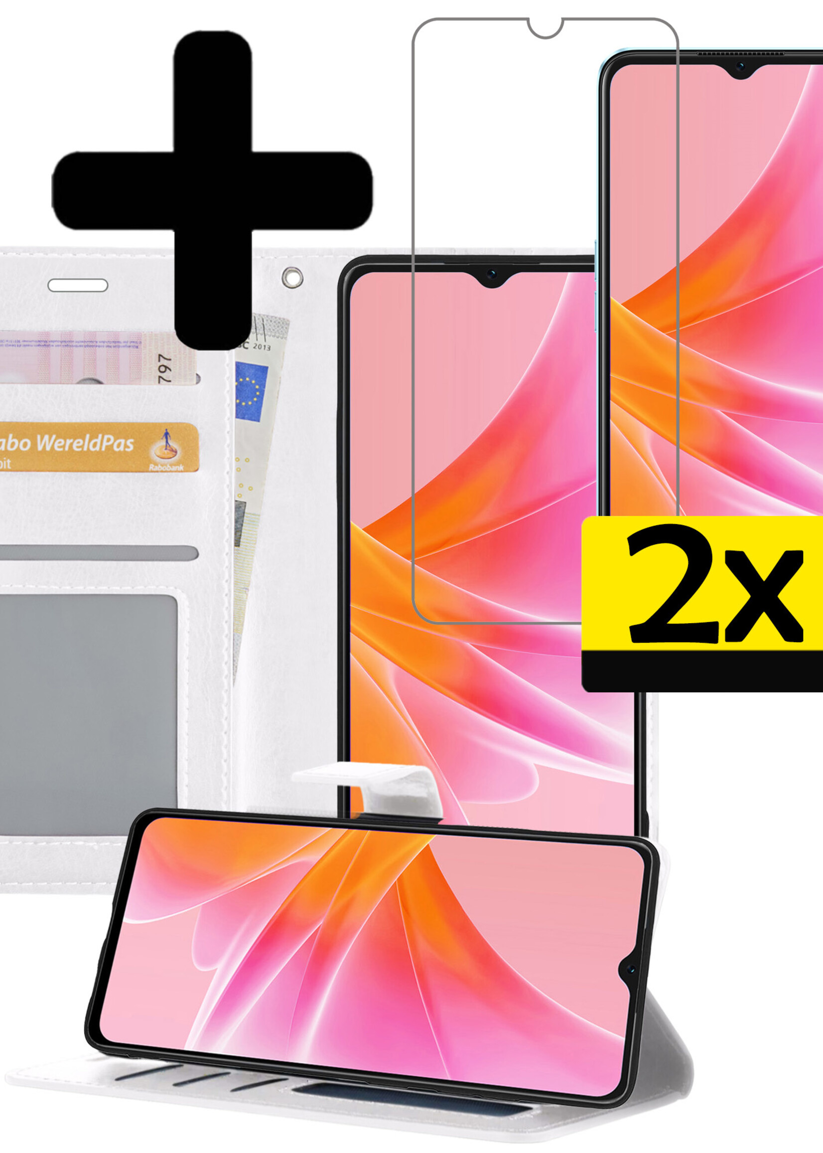 LUQ Hoesje Geschikt voor OPPO A17 Hoesje Book Case Hoes Wallet Cover Met 2x Screenprotector - Hoes Geschikt voor OPPO A17 Hoesje Bookcase Hoes - Wit