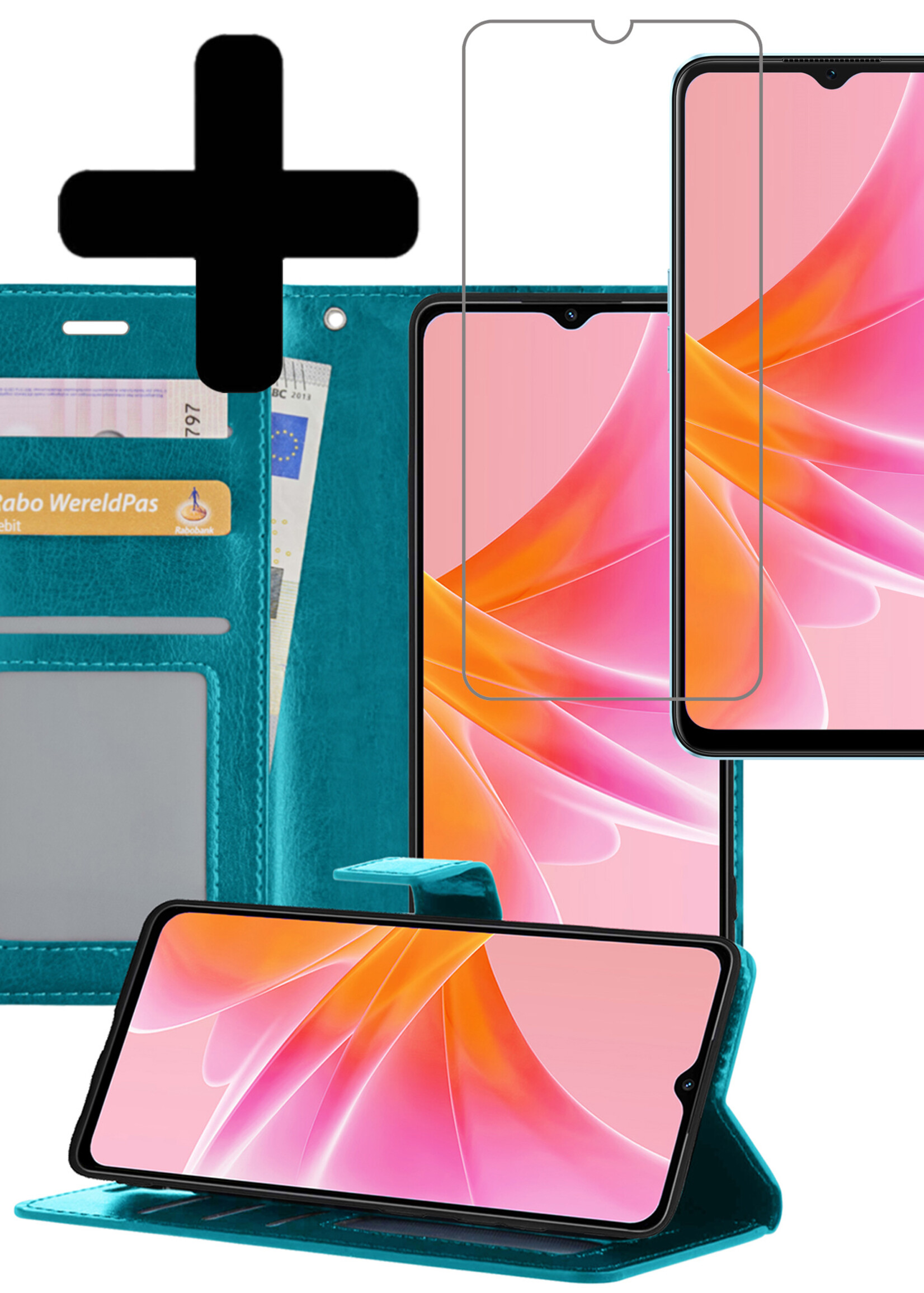 LUQ Hoesje Geschikt voor OPPO A57 Hoesje Book Case Hoes Wallet Cover Met Screenprotector - Hoes Geschikt voor OPPO A57 Hoesje Bookcase Hoes - Turquoise