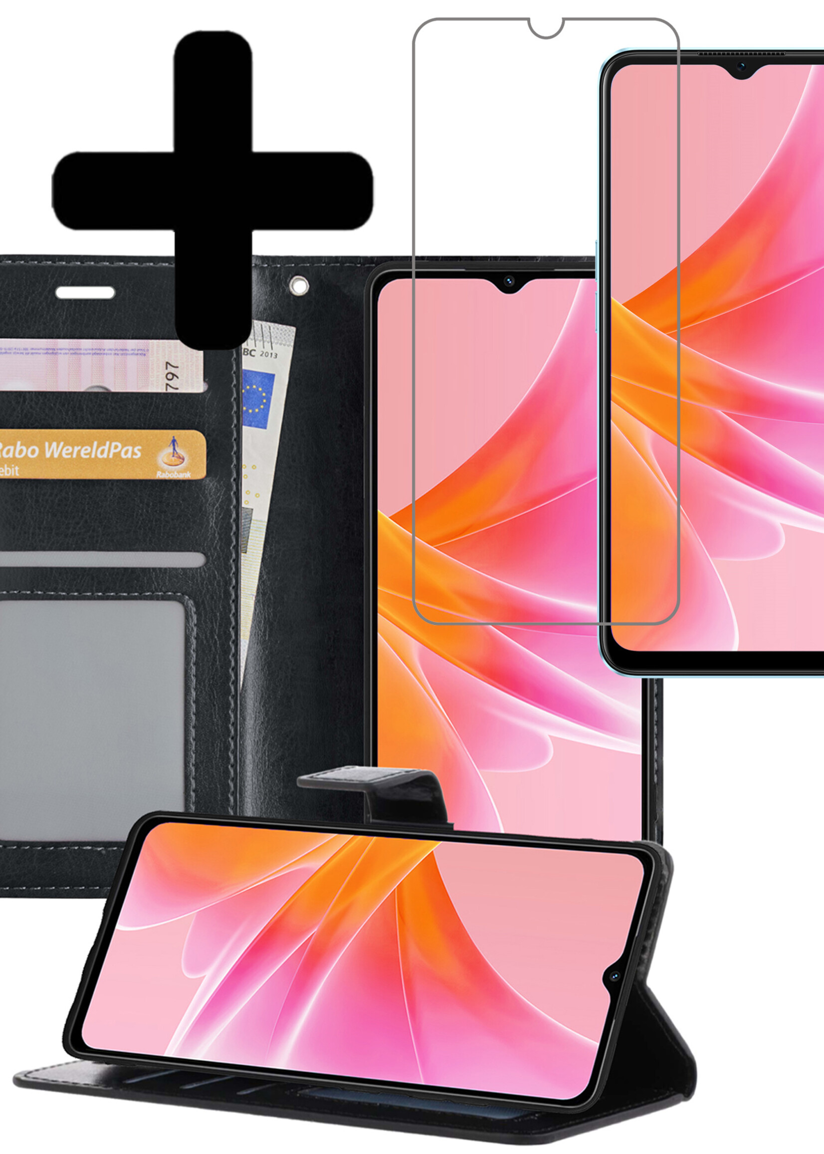 LUQ Hoesje Geschikt voor OPPO A57 Hoesje Book Case Hoes Wallet Cover Met Screenprotector - Hoes Geschikt voor OPPO A57 Hoesje Bookcase Hoes - Zwart